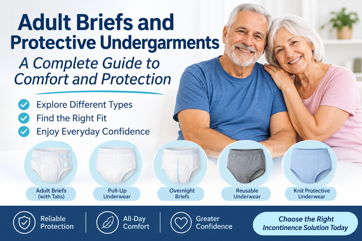 Adult briefs and protective undergarments guide featuring disposable adult briefs, pull-up underwear, overnight briefs, and reusable protective underwear for everyday incontinence protection.