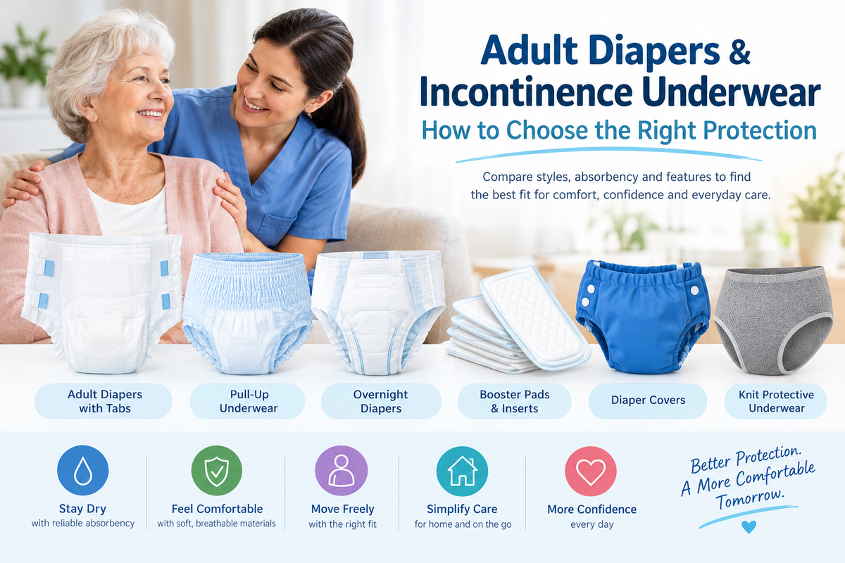 Adult diapers and incontinence underwear guide featuring pull-up underwear, overnight diapers, tab-style briefs, booster pads, and reusable diaper covers for comfortable everyday protection.