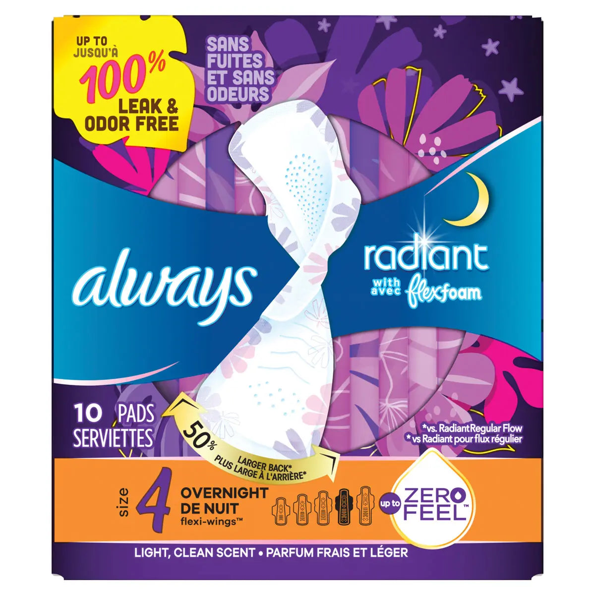 feminine pad always radiant with flexfoam overnight with wings heavy absorbency packaging type box
