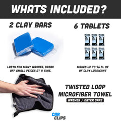 Clay Bar Care Kit 2 Car Detailing Clay Bars, 6 Clay Spray Tablets (1Pcs=16 Oz), Automotive Microfiber Car Drying Towel for Scratch Free Finishing | Paint Renewal, Contaminant Cleansing