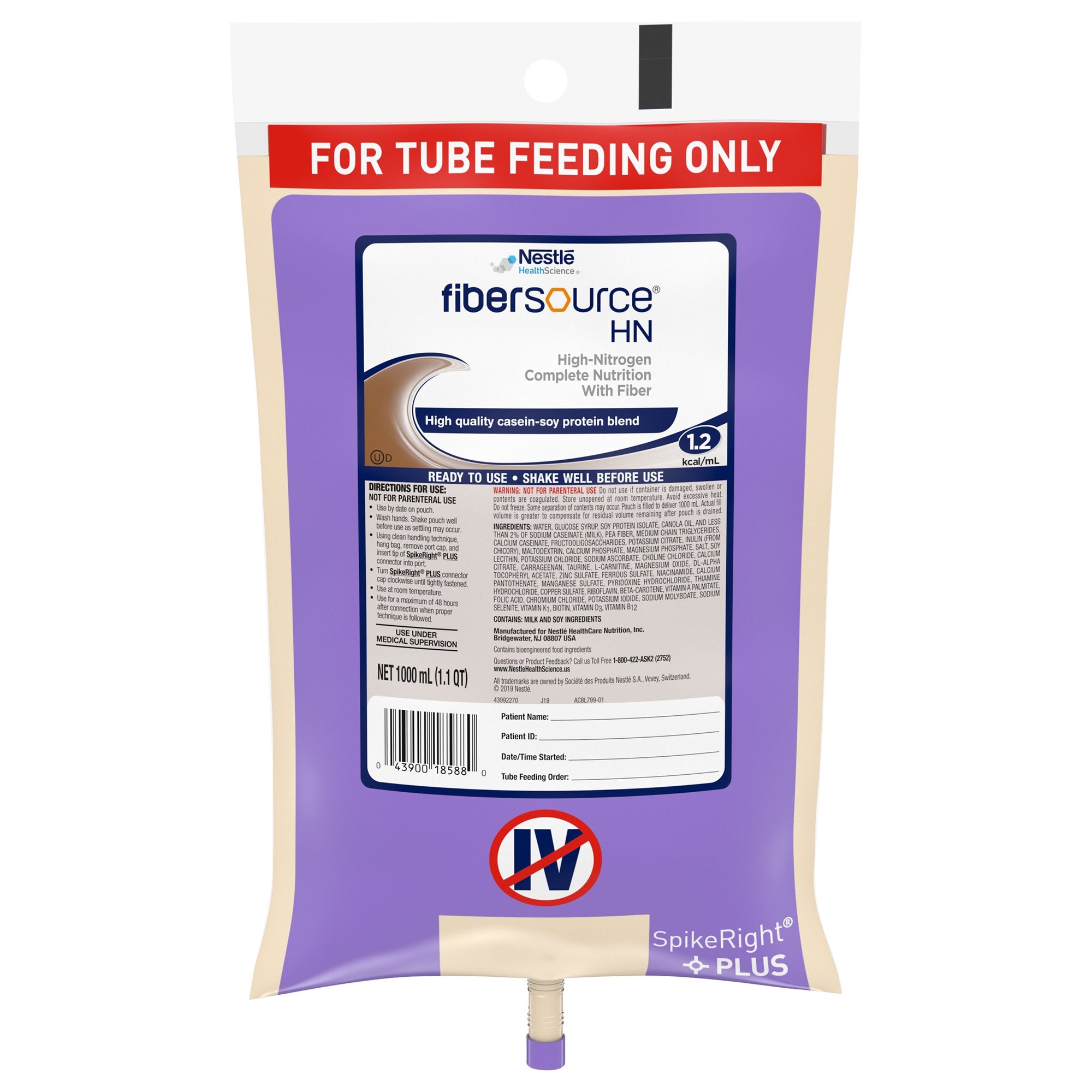 Tube Feeding Formula Fibersource HN Unflavored Liquid 1000 mL Ready to Hang Prefilled Container