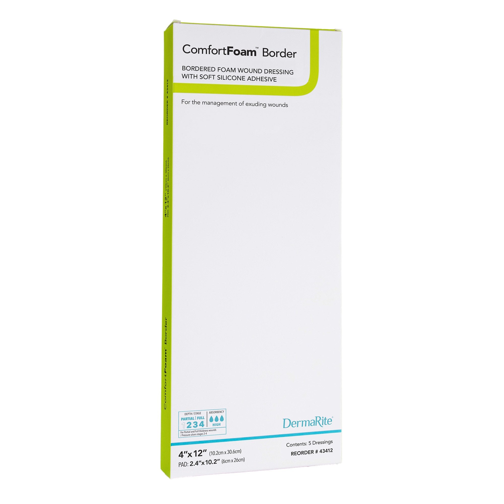 Foam Dressing ComfortFoam Border 4 X 12 Inch With Border Waterproof Backing Silicone Adhesive Rectangle Sterile