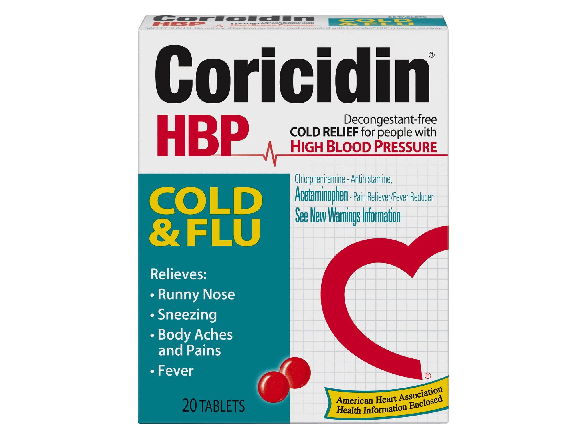 Cold and Cough Relief Coricidin HBP Cold & Flu 325 mg - 2 mg Strength Tablet 20 per Box