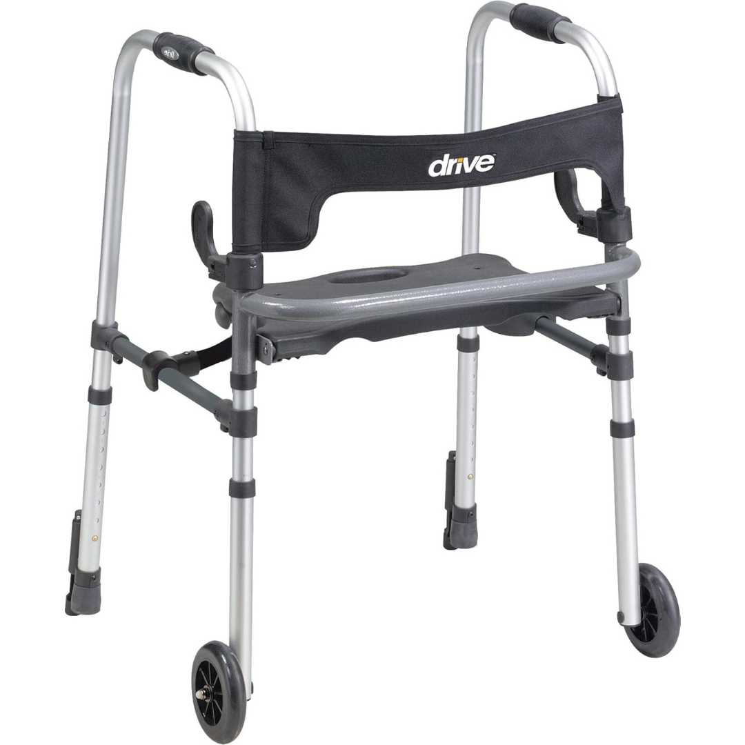 Dual Trigger Release Folding Walker with Wheels and Seat Adjustable Height Clever Lite LS Aluminum Frame 300 lbs. Weight Capacity 29 1/2 to 39 Inch Height