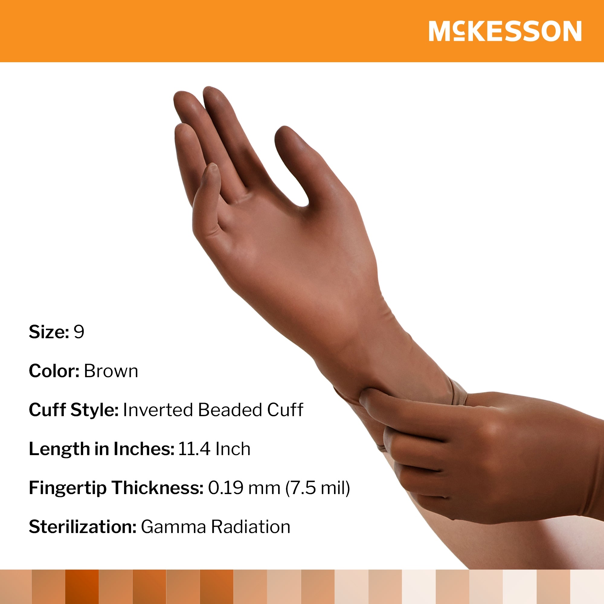 Guante quirúrgico McKesson Perry, talla 9, látex estéril, puño estándar, liso, marrón, no apto para quimioterapia. Embalaje: caja.