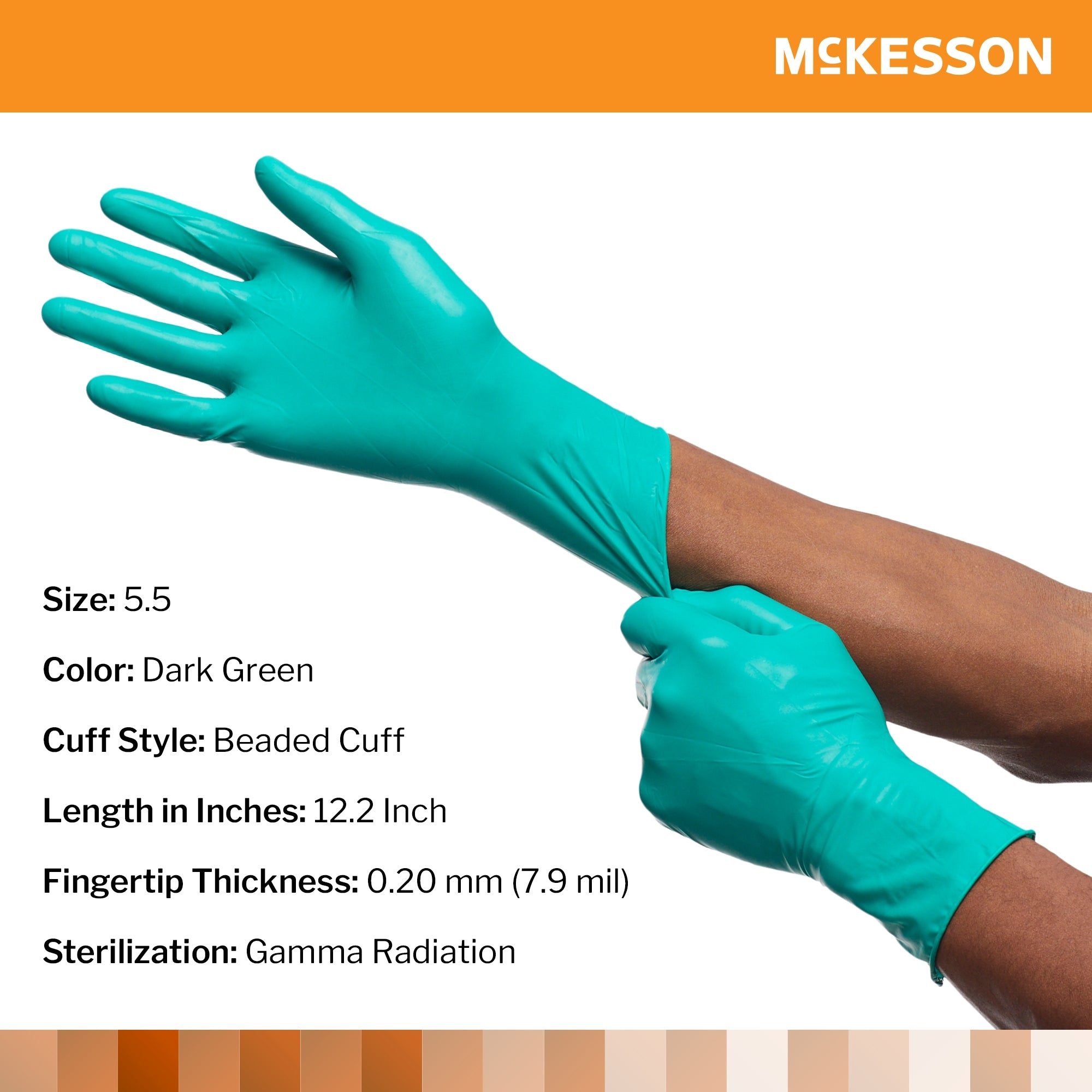 surgical glove mckesson perry performance plus size 5 5 sterile polychloroprene standard cuff length smooth dark green chemo tested packaging type box