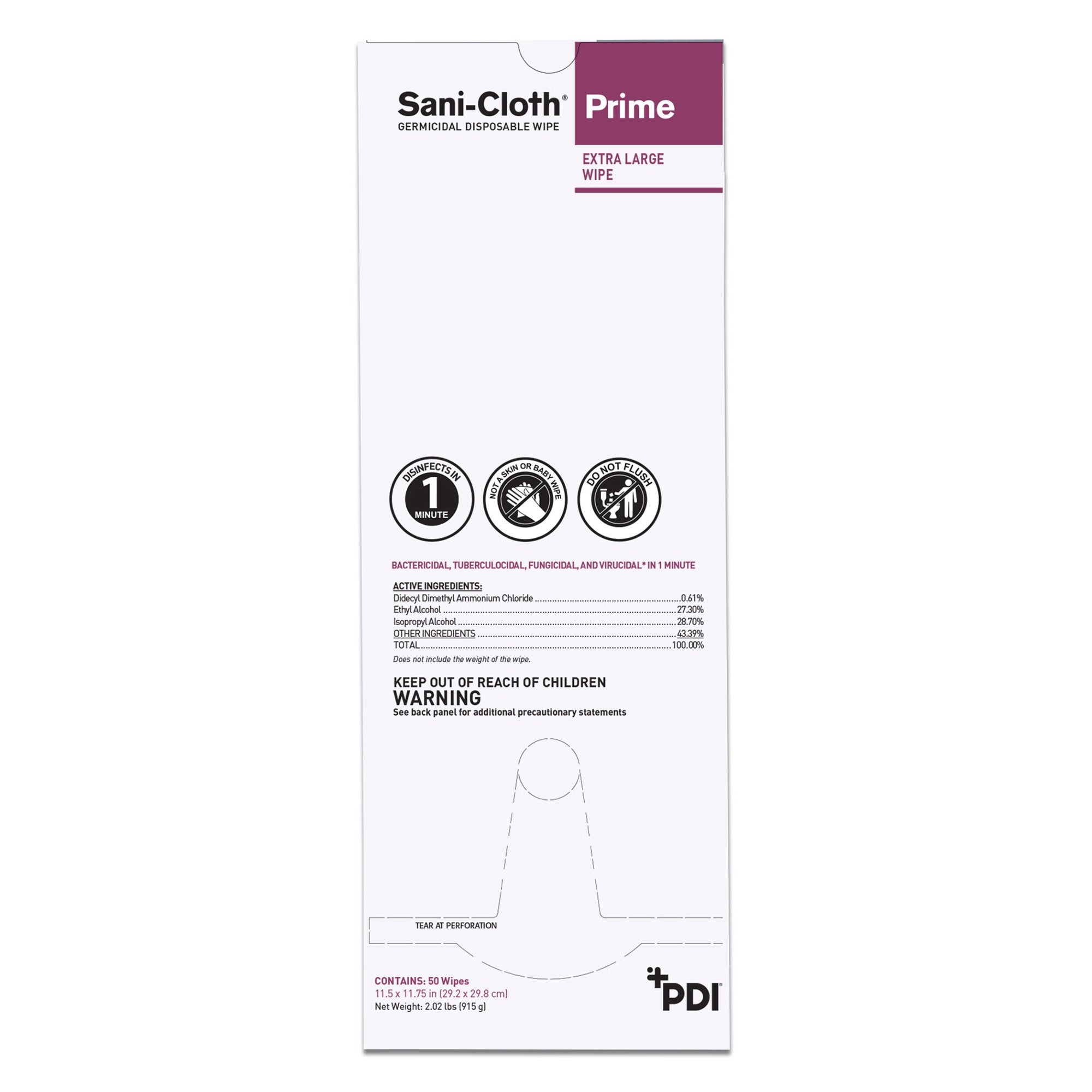 Sani-Cloth Prime Surface Disinfectant Cleaner Premoistened Germicidal Manual Pull Wipe 50 Count Individual Packet Alcohol Scent NonSterile