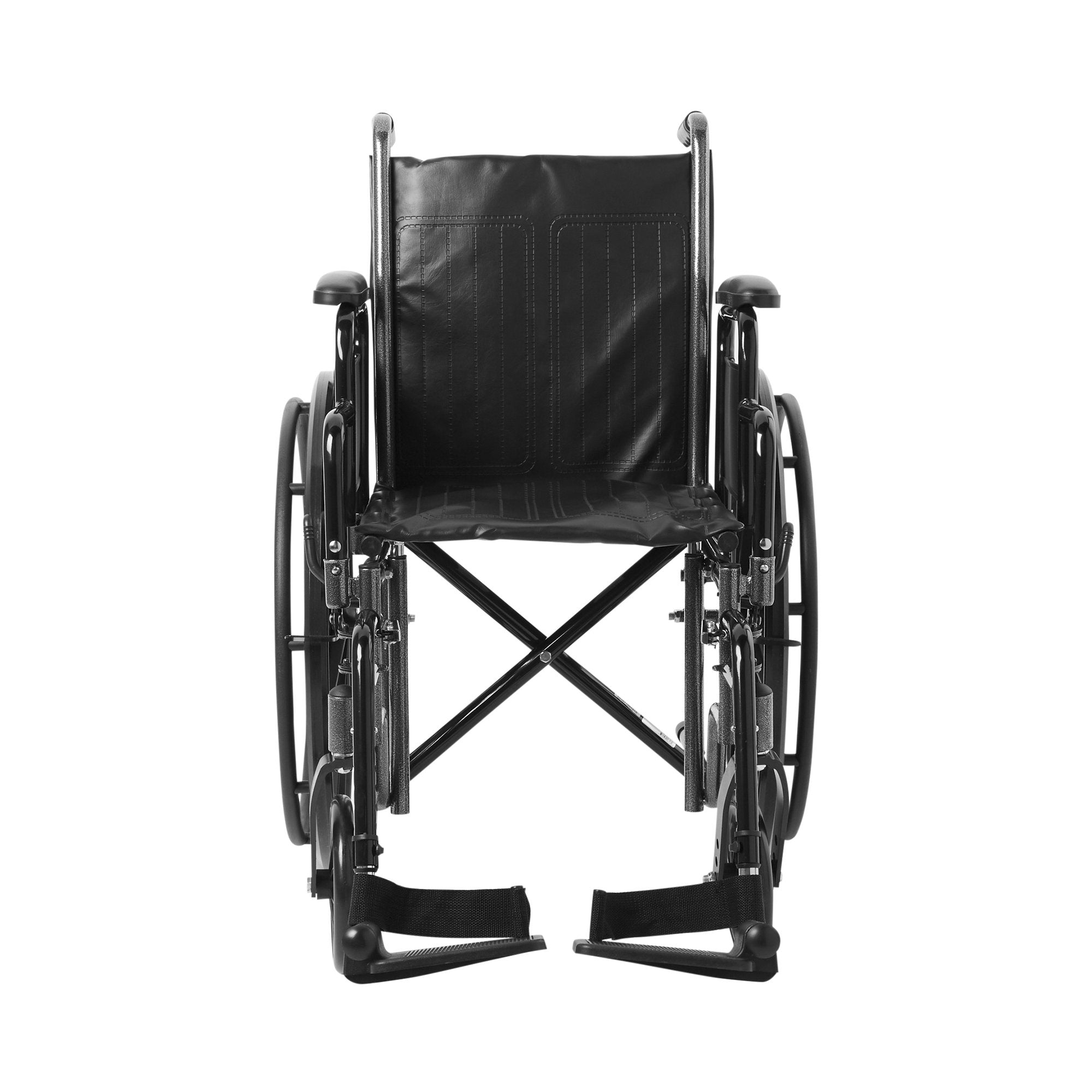wheelchair mckesson dual axle desk length arm swing away footrest black upholstery 16 inch seat width adult 250 lbs weight capacity packaging type each