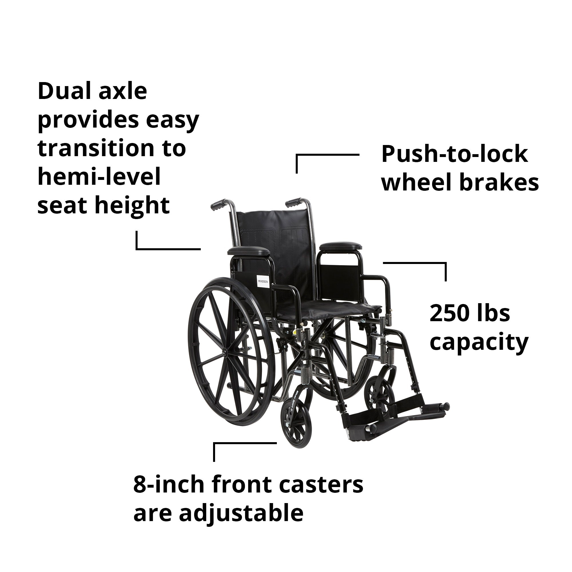 Wheelchair McKesson Dual Axle Desk Length Arm Swing-Away Footrest Black Upholstery 16 Inch Seat Width Adult 250 lbs. Weight Capacity, Packaging Type- Each