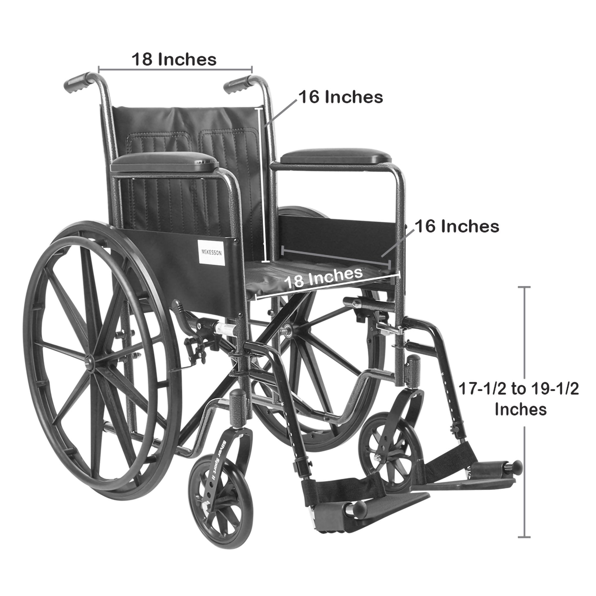 wheelchair mckesson dual axle full length arm swing away footrest black upholstery 18 inch seat width adult 300 lbs weight capacity packaging type each