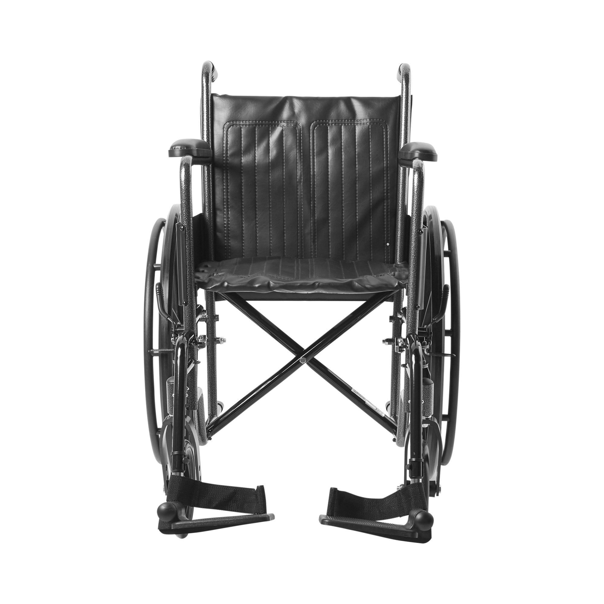 wheelchair mckesson dual axle full length arm swing away footrest black upholstery 18 inch seat width adult 300 lbs weight capacity packaging type each