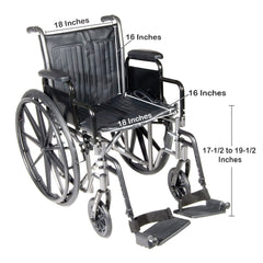 Wheelchair dimensions diagram showing seat width, height, and overall size