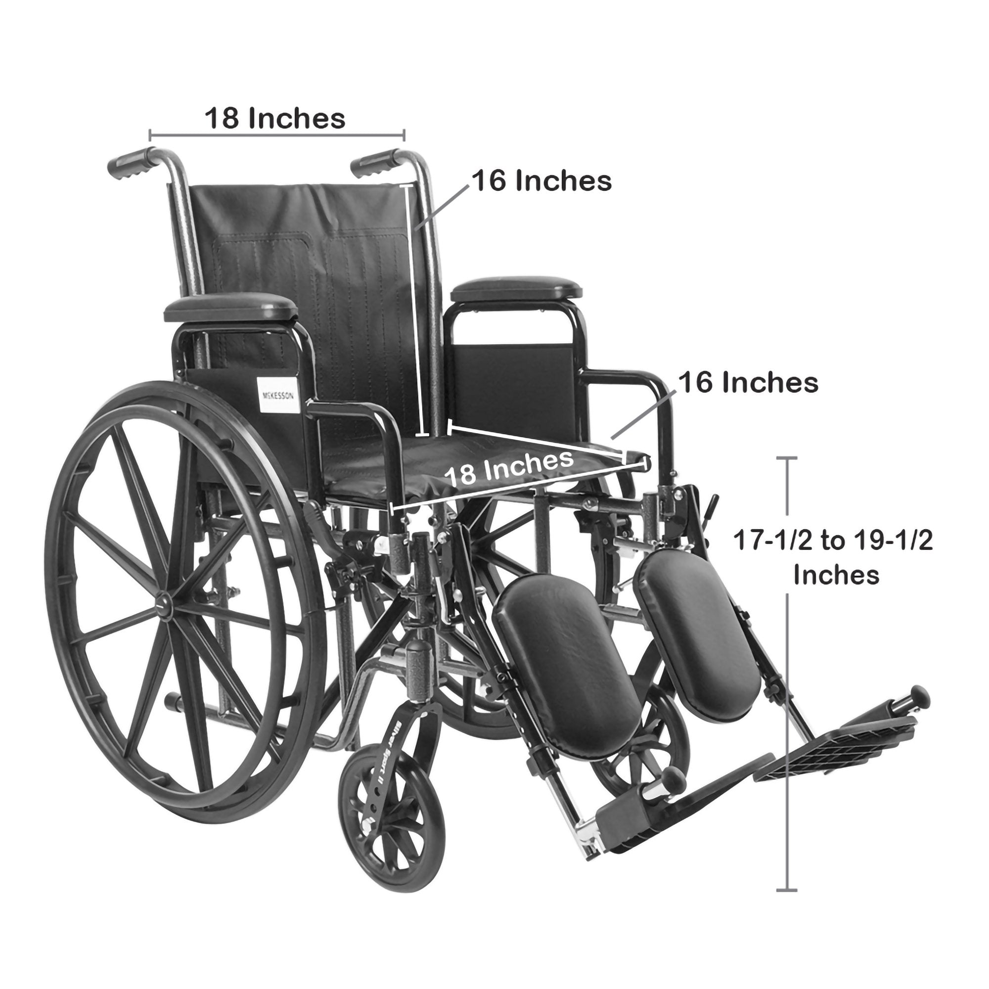 wheelchair mckesson dual axle desk length arm swing away elevating legrest black upholstery 18 inch seat width adult 300 lbs weight capacity packaging type each