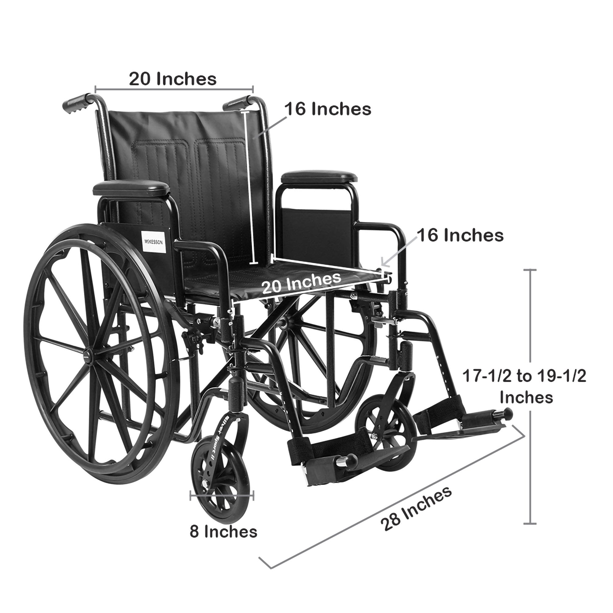 Wheelchair dimensions diagram showing seat width, height, and overall measurements