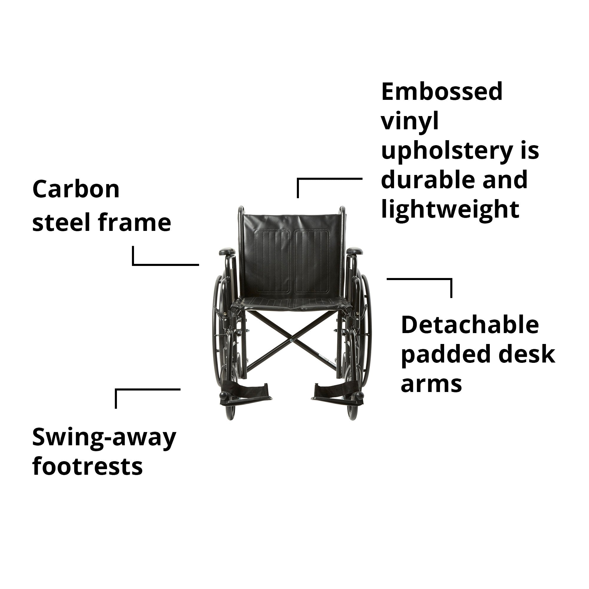 Adult mobility wheelchair with swing-away footrests and padded armrests