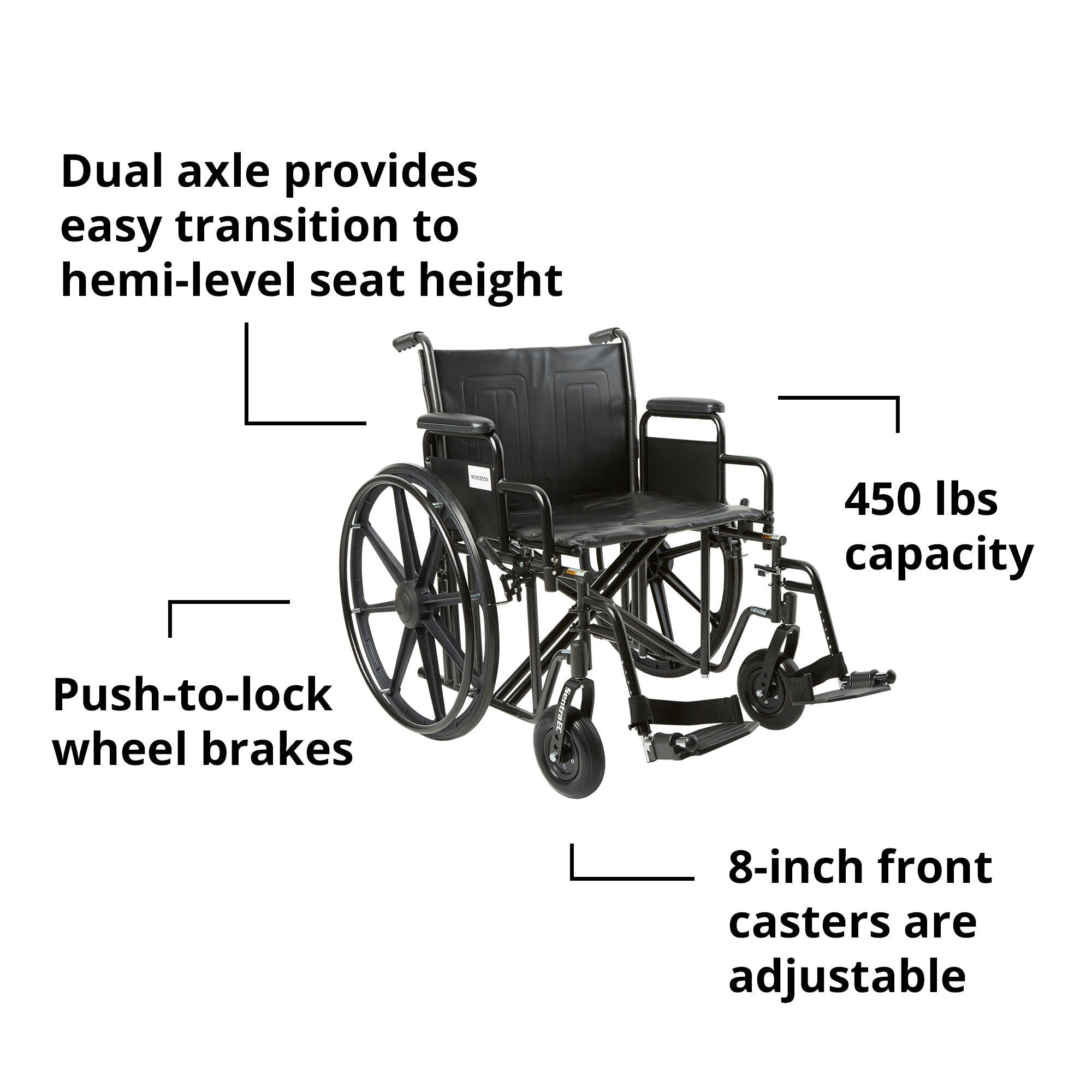bariatric wheelchair mckesson dual axle desk length arm swing away footrest black upholstery 22 inch seat width adult 450 lbs weight capacity packaging type each