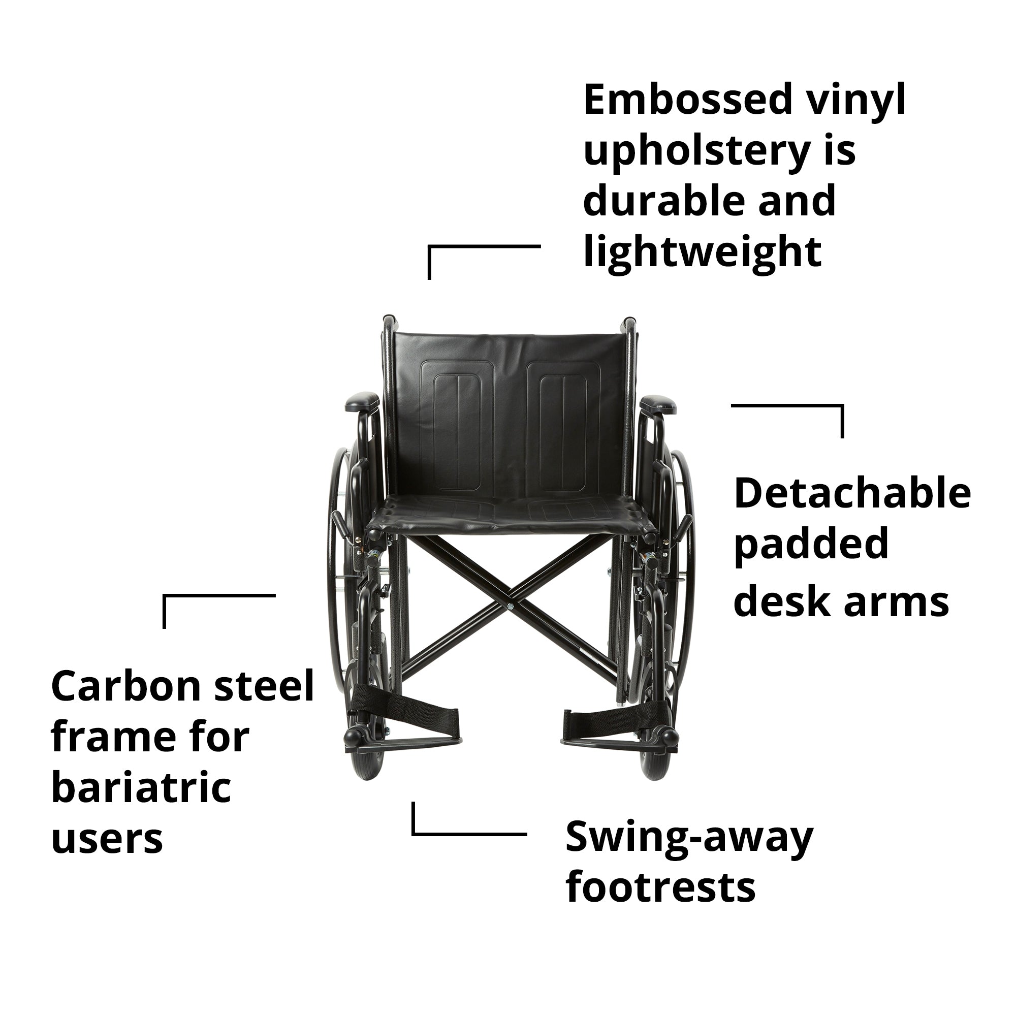 bariatric wheelchair mckesson dual axle desk length arm swing away footrest black upholstery 22 inch seat width adult 450 lbs weight capacity packaging type each