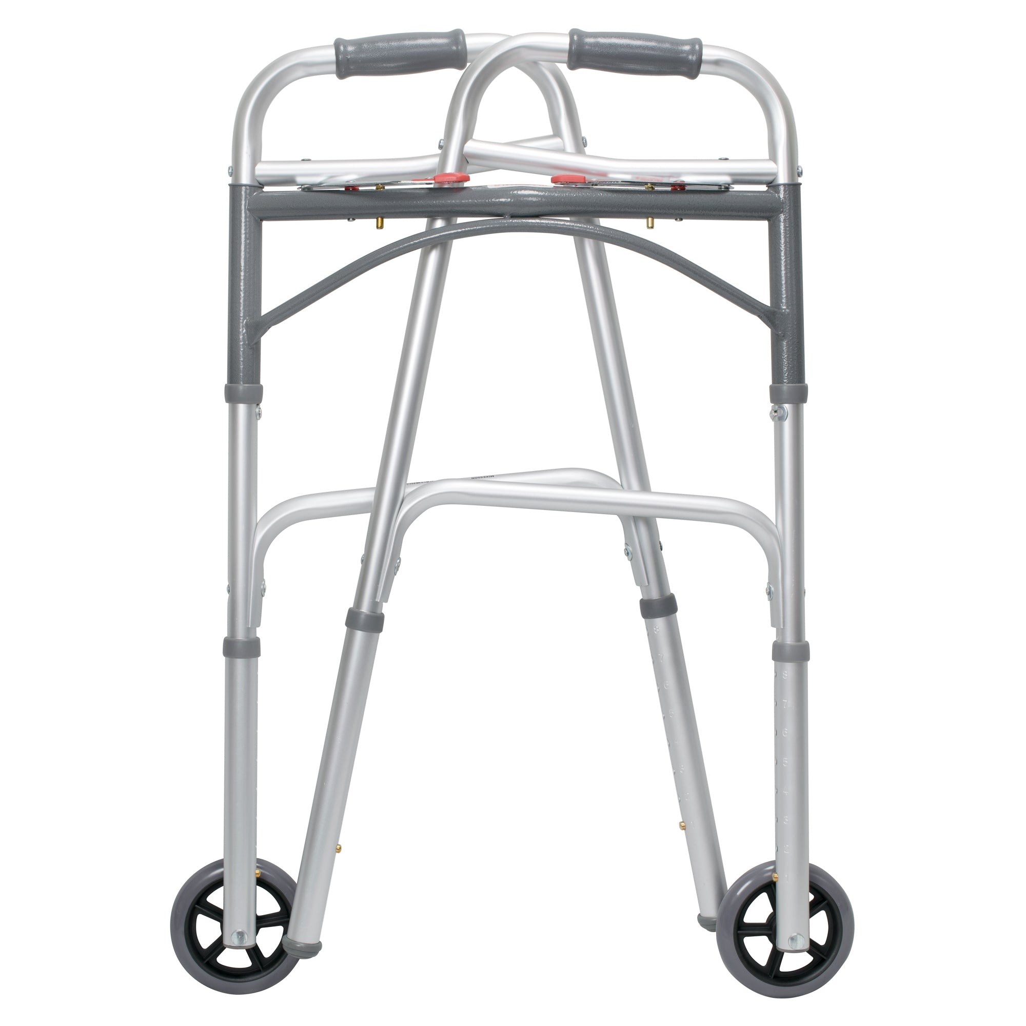 Dual Release Folding Walker with Wheels Adjustable Height McKesson Aluminum Frame 350 lbs. Weight Capacity 32 to 39 Inch Height Packaging type (each)