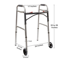 Dual Release Folding Walker with Wheels Adjustable Height McKesson Aluminum Frame 350 lbs. Weight Capacity 32 to 39 Inch Height Packaging type (each)