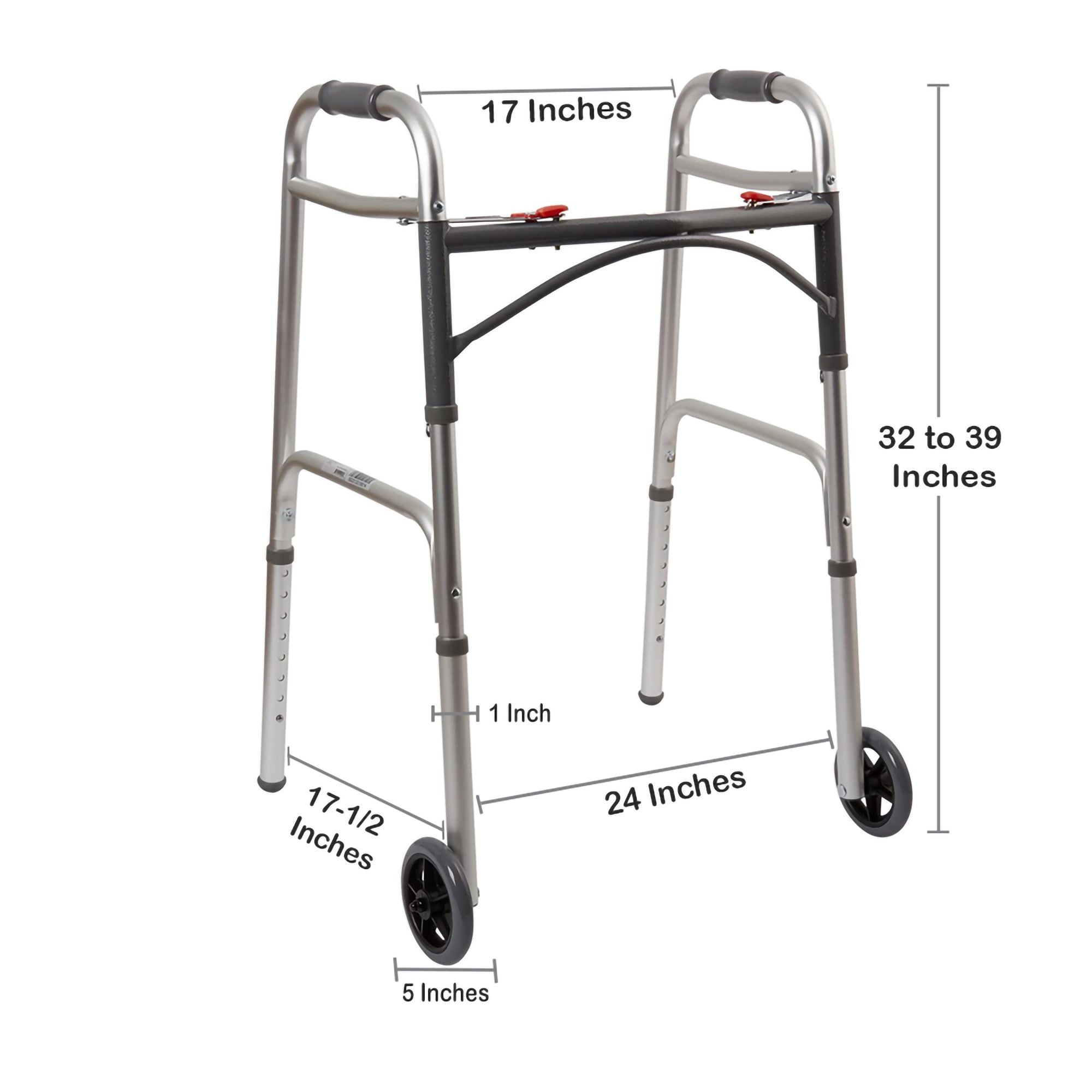 Dual Release Folding Walker with Wheels Adjustable Height McKesson Aluminum Frame 350 lbs. Weight Capacity 32 to 39 Inch Height Packaging type (each)