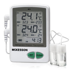Datalogging Refrigerator / Freezer Thermometer with Alarm McKesson Fahrenheit / Celsius -58Degree to +158DegreeF (-50Degree to +70DegreeC) 2 Glycol Bottle Probes / Internal Sensor Flip-out Stand Battery Operated, Packaging Type- Each