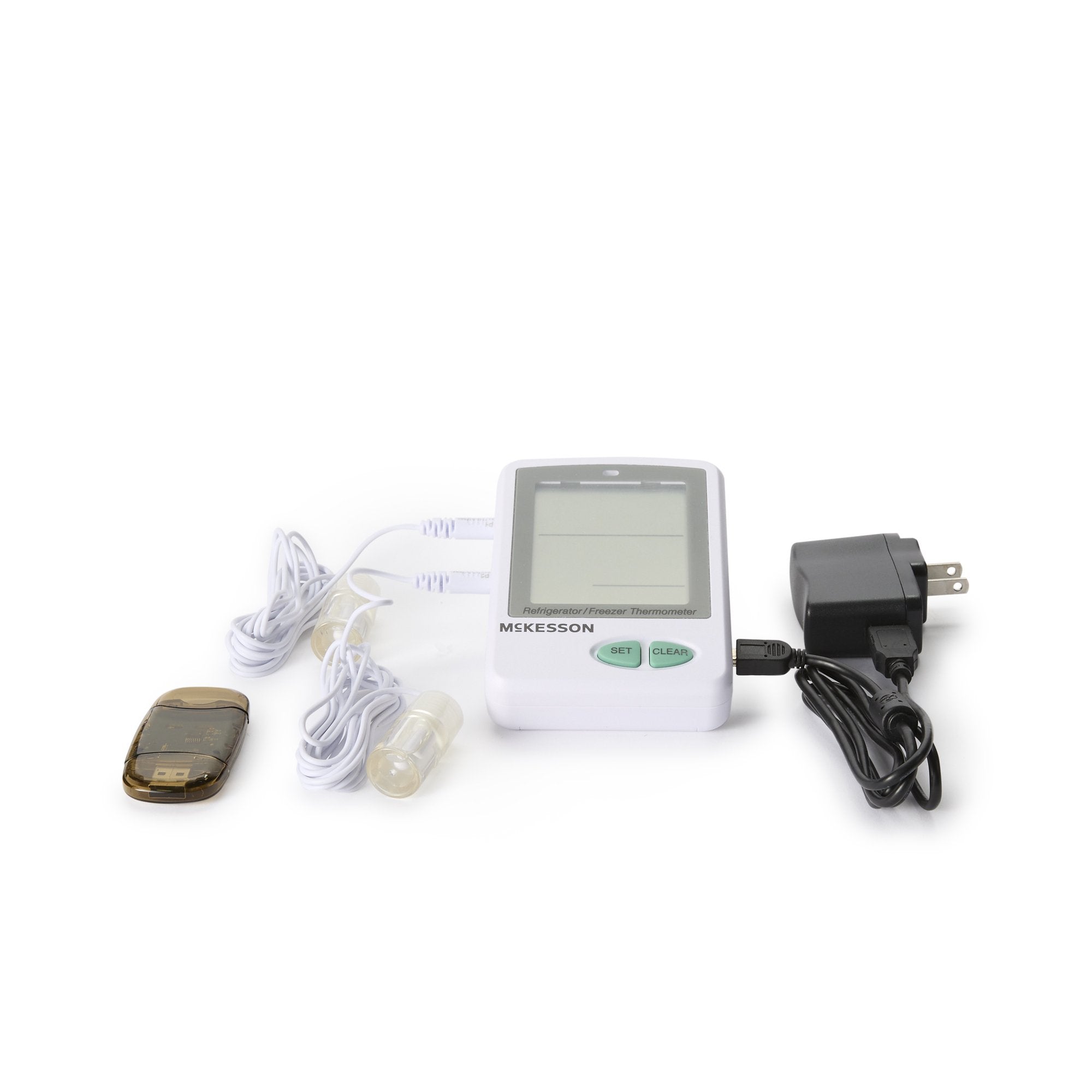 Datalogging Refrigerator / Freezer Thermometer with Alarm McKesson Fahrenheit / Celsius -58Degree to +158DegreeF (-50Degree to +70DegreeC) 2 Glycol Bottle Probes / Internal Sensor Flip-out Stand Battery Operated, Packaging Type- Each
