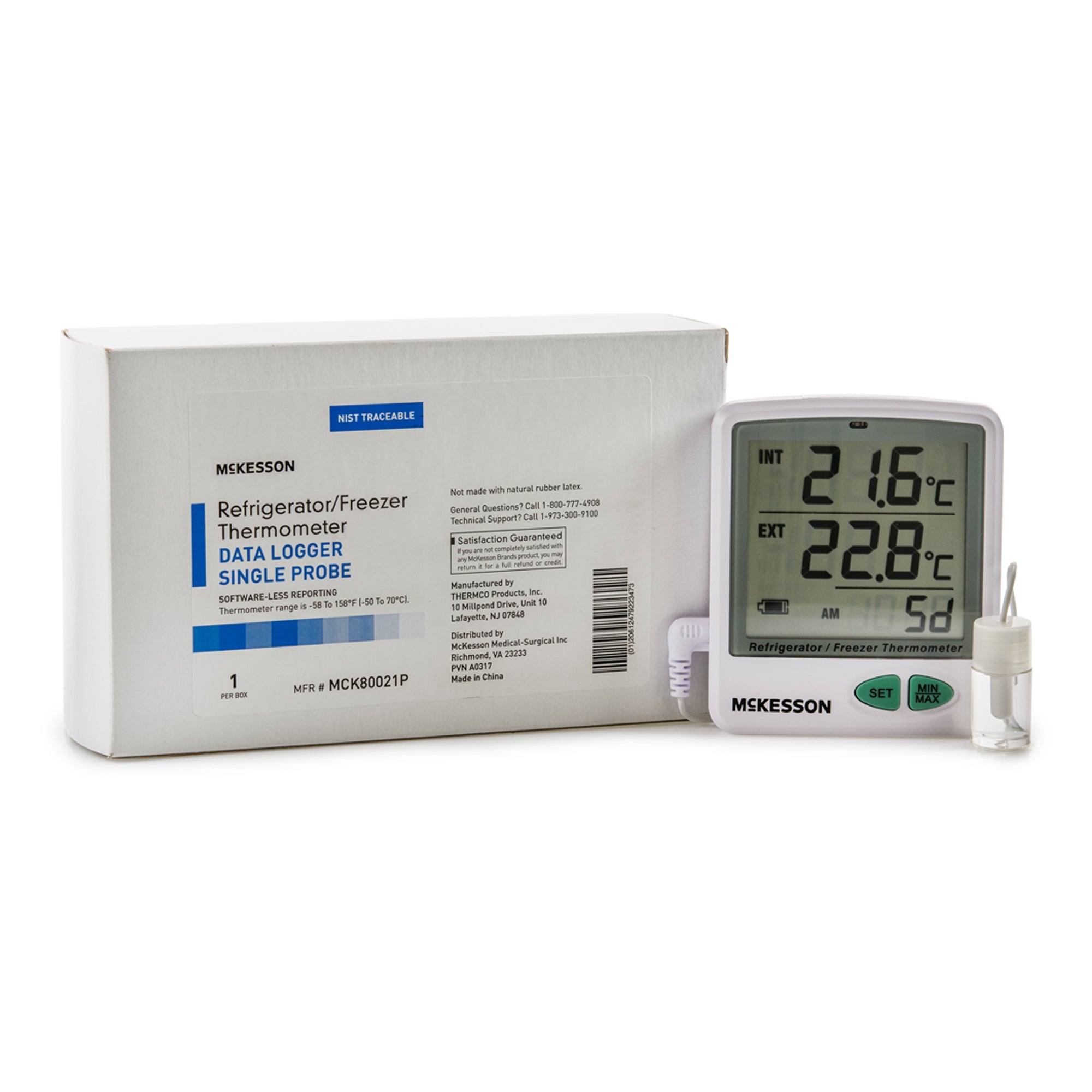 Datalogging Refrigerator / Freezer Thermometer with Alarm McKesson Fahrenheit / Celsius -50Degree to +158DegreeF (-50Degree to +70DegreeC) Flip-out Stand Battery Operated, Packaging Type- Each
