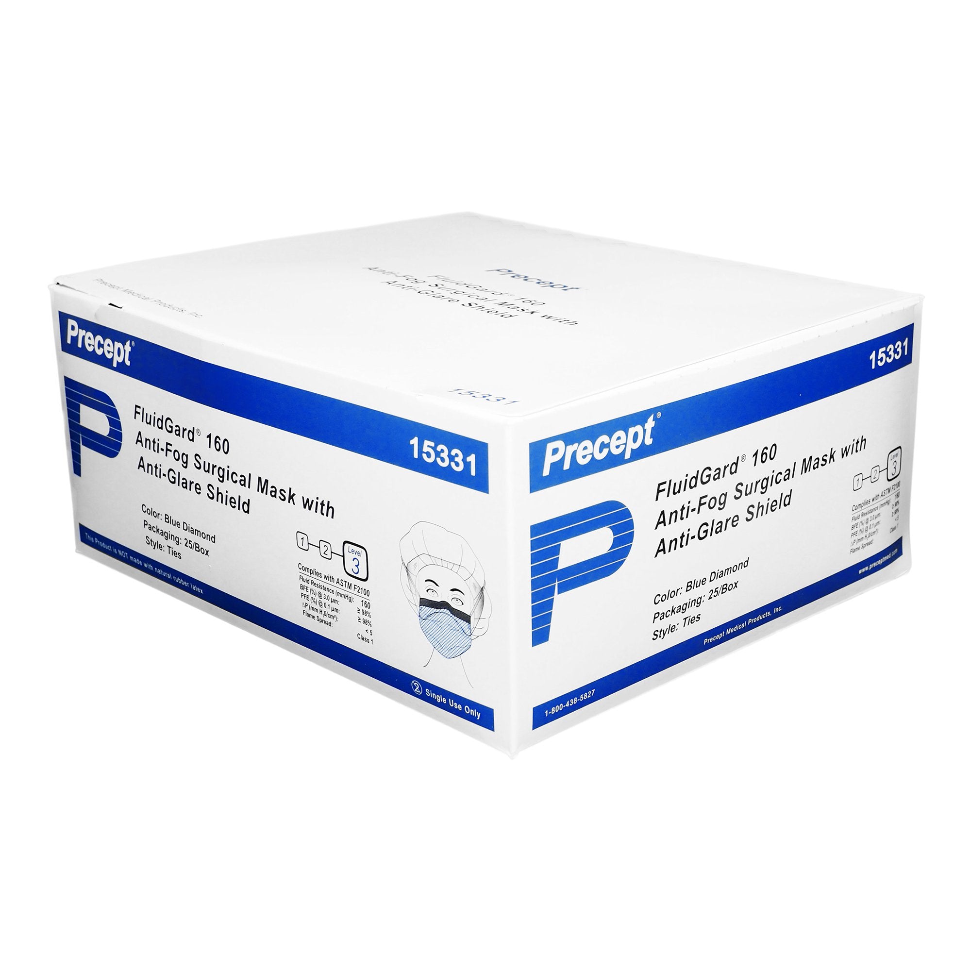 ASTM Level 3 Surgical Mask with Eye Shield – Anti-Fog Foam, Tie Closure, Box of Precept FluidGard 160