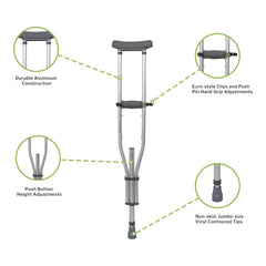 underarm crutches mckesson youth adult tall adult 4 foot 6 inch to 6 foot 6 inch user height aluminum frame 300 lbs weight capacity packaging type box
