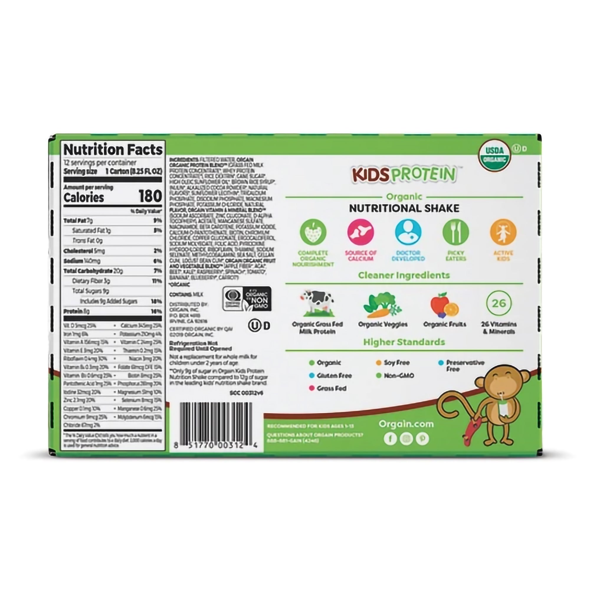 Pediatric Oral Supplement Orgain Kids Protein Organic Nutritional Shake Chocolate Flavor 8.25 oz. Carton Liquid Organic| 12/Case
