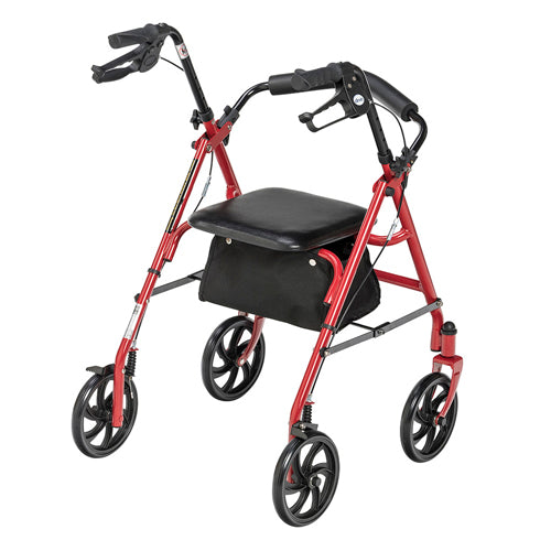 4 wheel steel rollator w 8 casters basket loop red