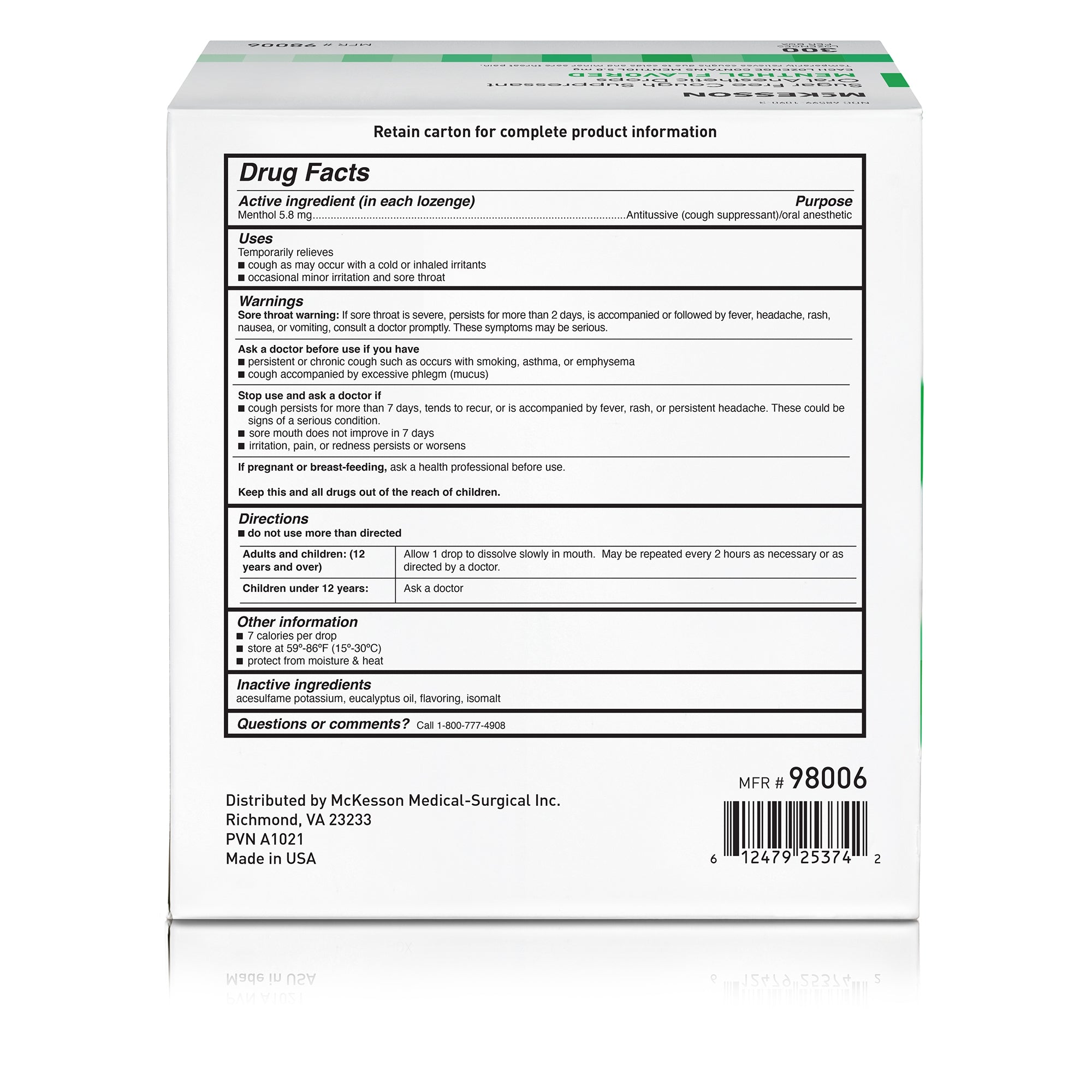 Cold and Cough Relief McKesson Brand 7.6 mg Strength Lozenge 300 per Box