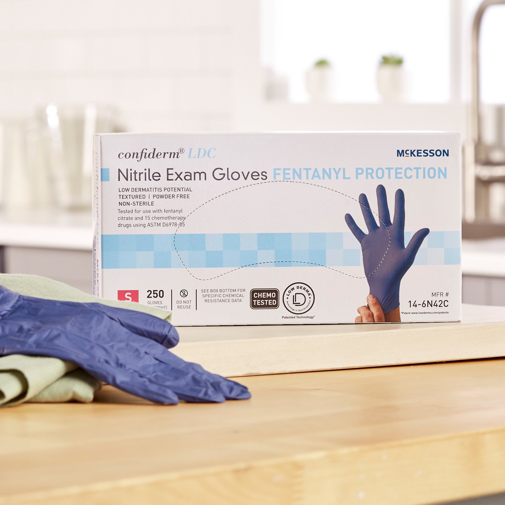 exam glove mckesson confiderm ldc small nonsterile nitrile standard cuff length fully textured blue chemo tested fentanyl tested packaging type box
