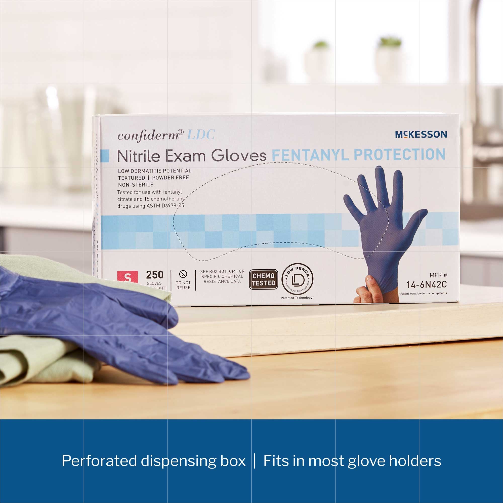 exam glove mckesson confiderm ldc small nonsterile nitrile standard cuff length fully textured blue chemo tested fentanyl tested packaging type box