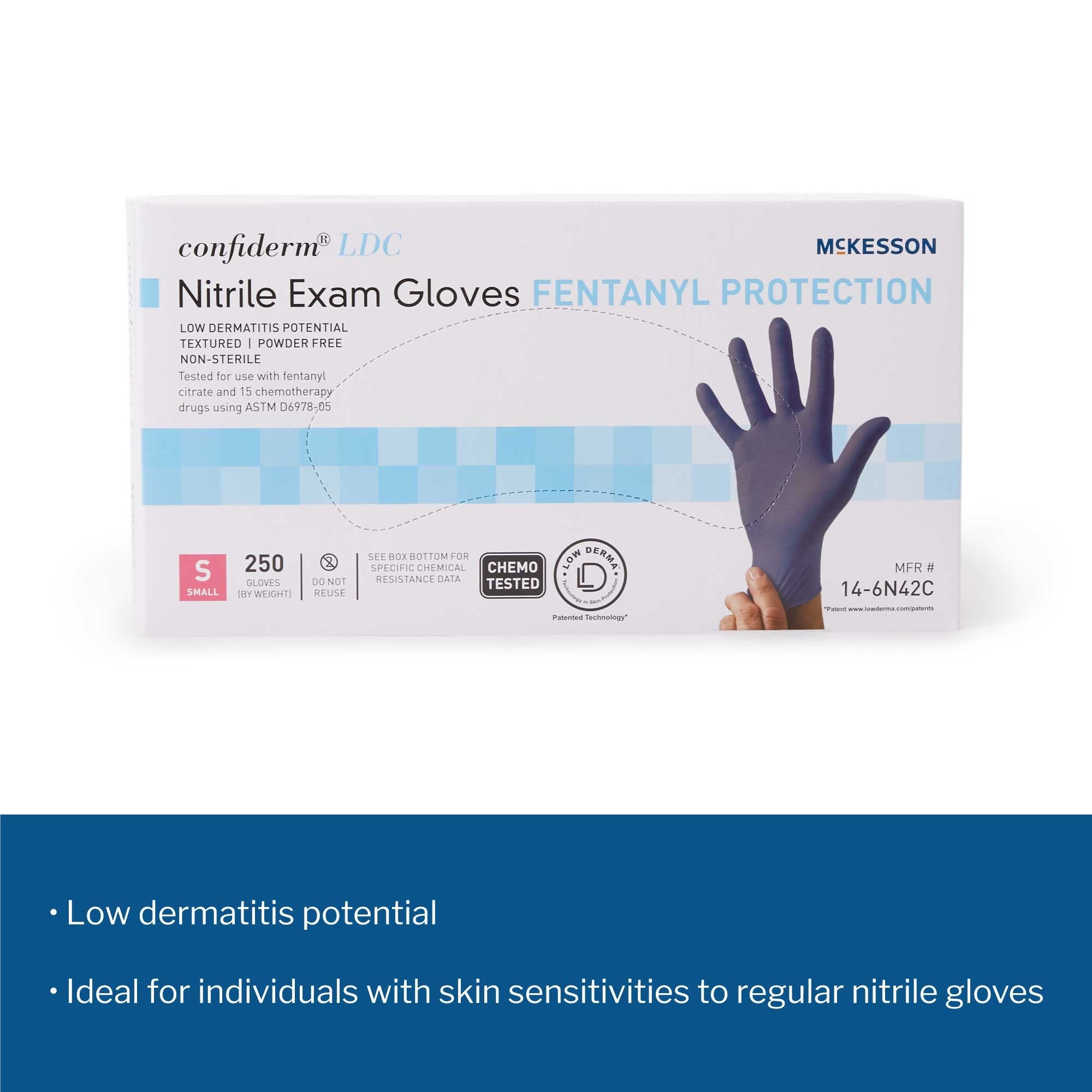 exam glove mckesson confiderm ldc small nonsterile nitrile standard cuff length fully textured blue chemo tested fentanyl tested packaging type box