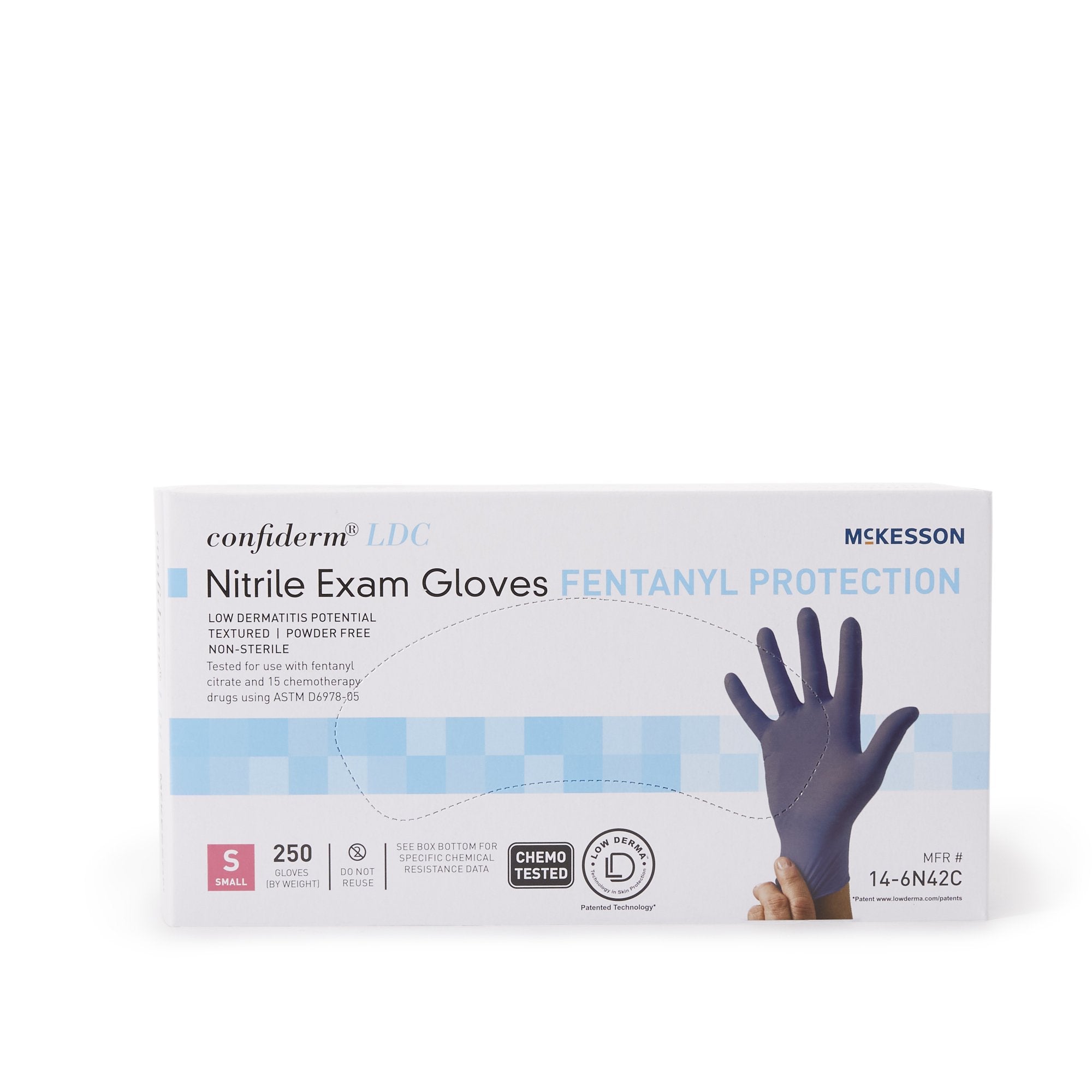 exam glove mckesson confiderm ldc small nonsterile nitrile standard cuff length fully textured blue chemo tested fentanyl tested packaging type box