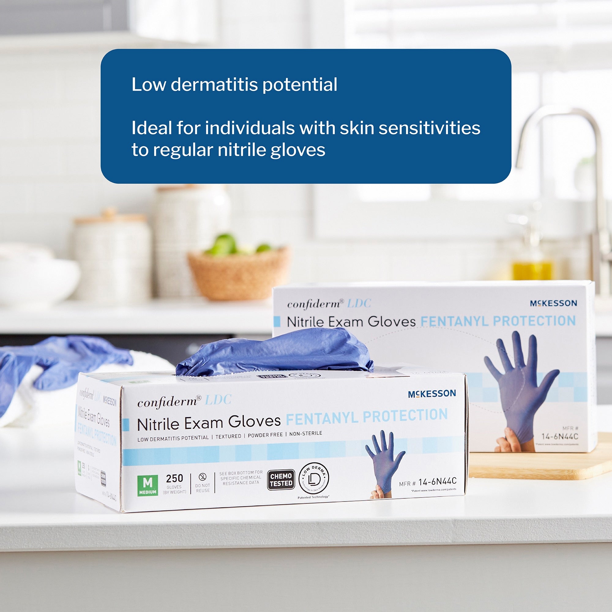 exam glove mckesson confiderm ldc medium nonsterile nitrile standard cuff length fully textured blue chemo tested fentanyl tested packaging type box