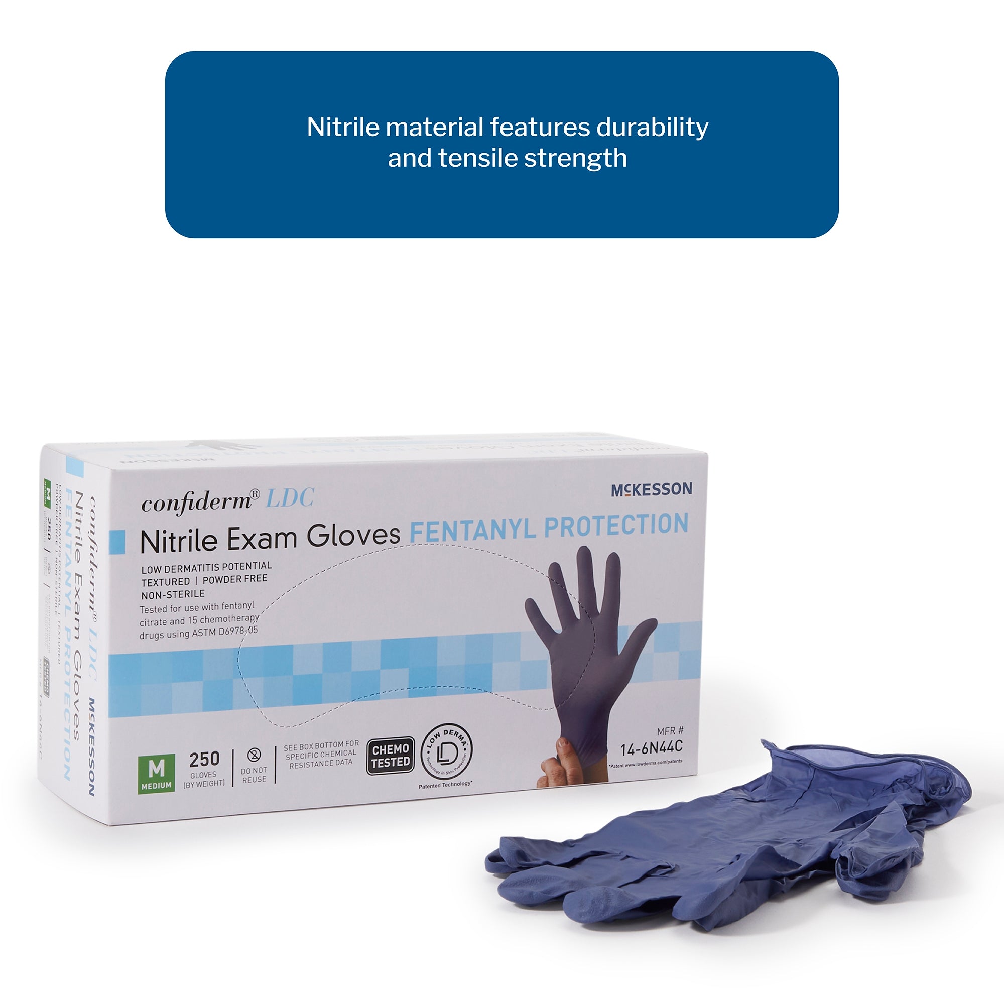 exam glove mckesson confiderm ldc medium nonsterile nitrile standard cuff length fully textured blue chemo tested fentanyl tested packaging type box
