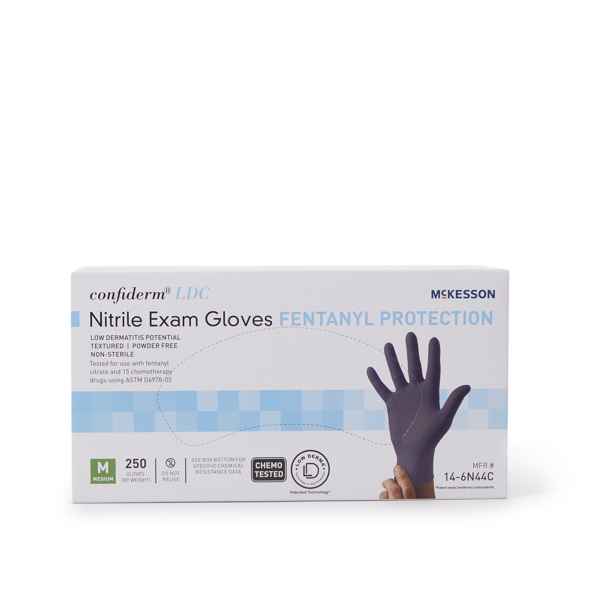 exam glove mckesson confiderm ldc medium nonsterile nitrile standard cuff length fully textured blue chemo tested fentanyl tested packaging type box
