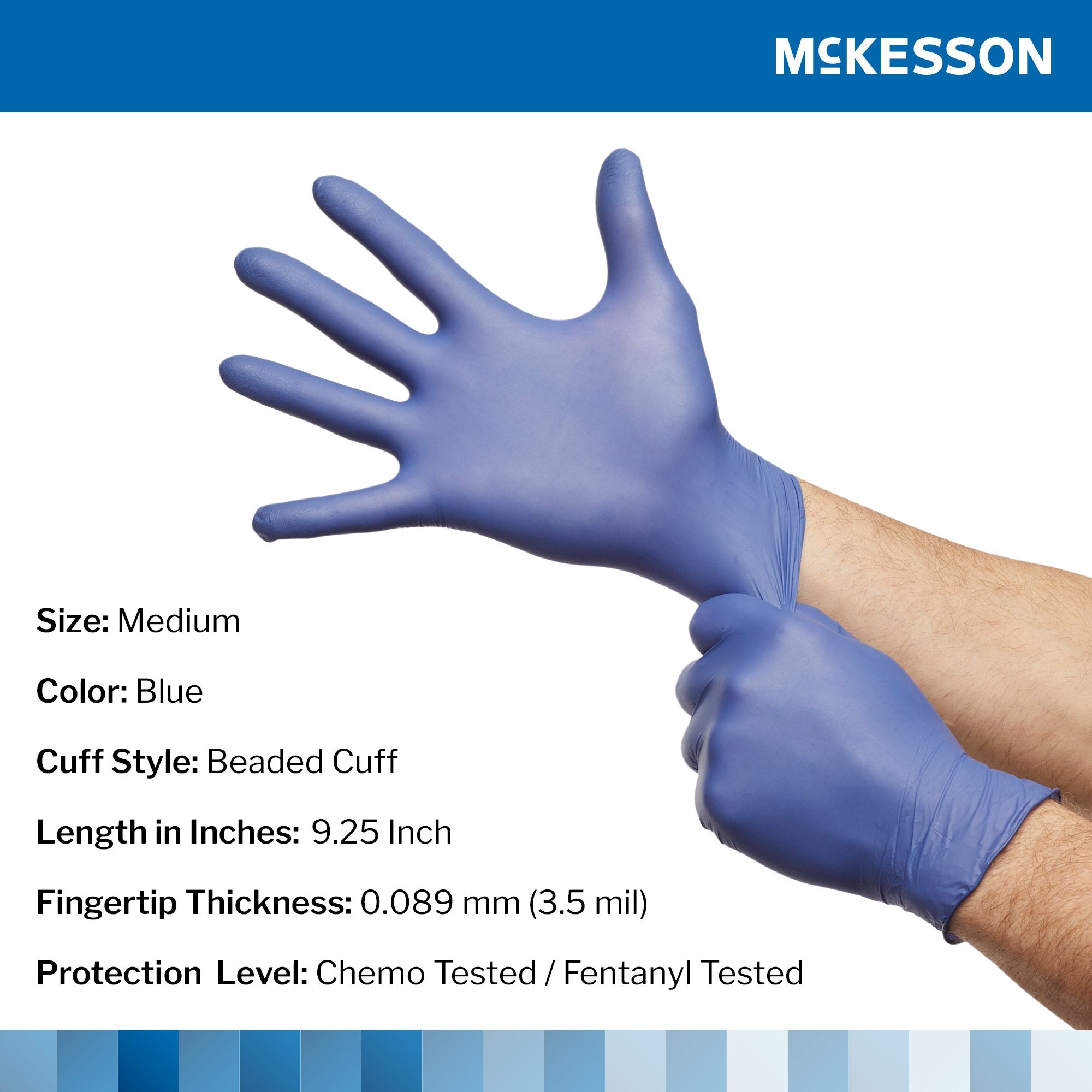 exam glove mckesson confiderm ldc medium nonsterile nitrile standard cuff length fully textured blue chemo tested fentanyl tested packaging type box