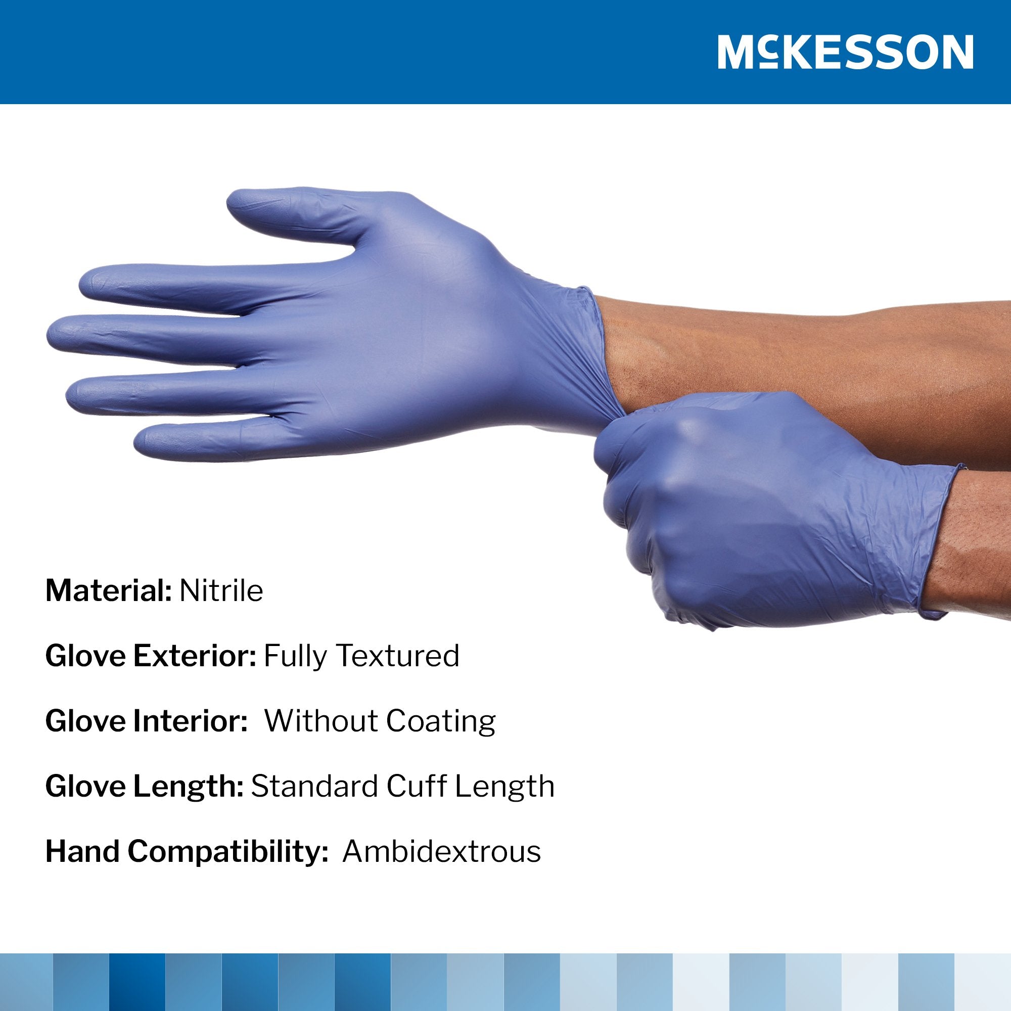 exam glove mckesson confiderm ldc medium nonsterile nitrile standard cuff length fully textured blue chemo tested fentanyl tested packaging type box