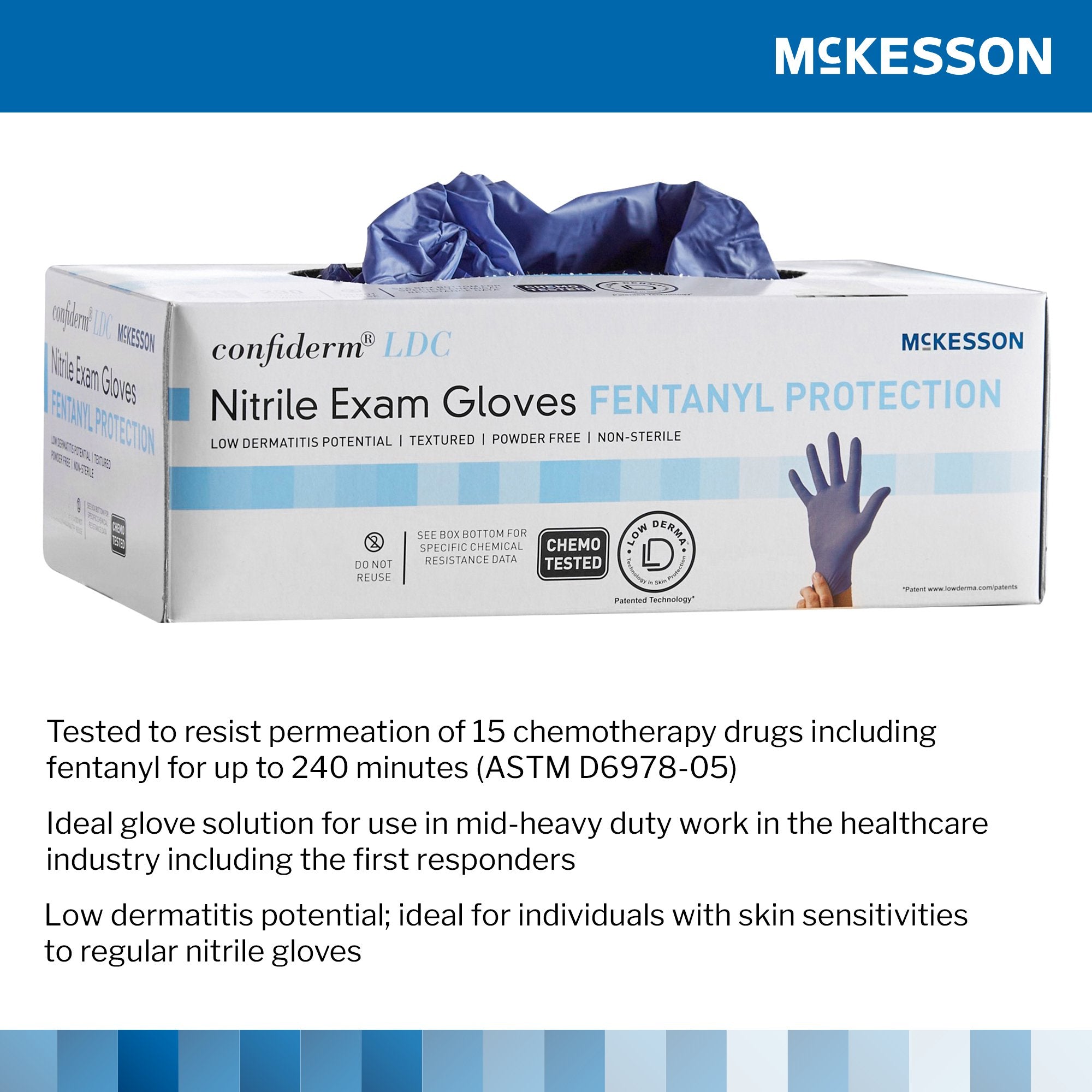 exam glove mckesson confiderm ldc medium nonsterile nitrile standard cuff length fully textured blue chemo tested fentanyl tested packaging type box