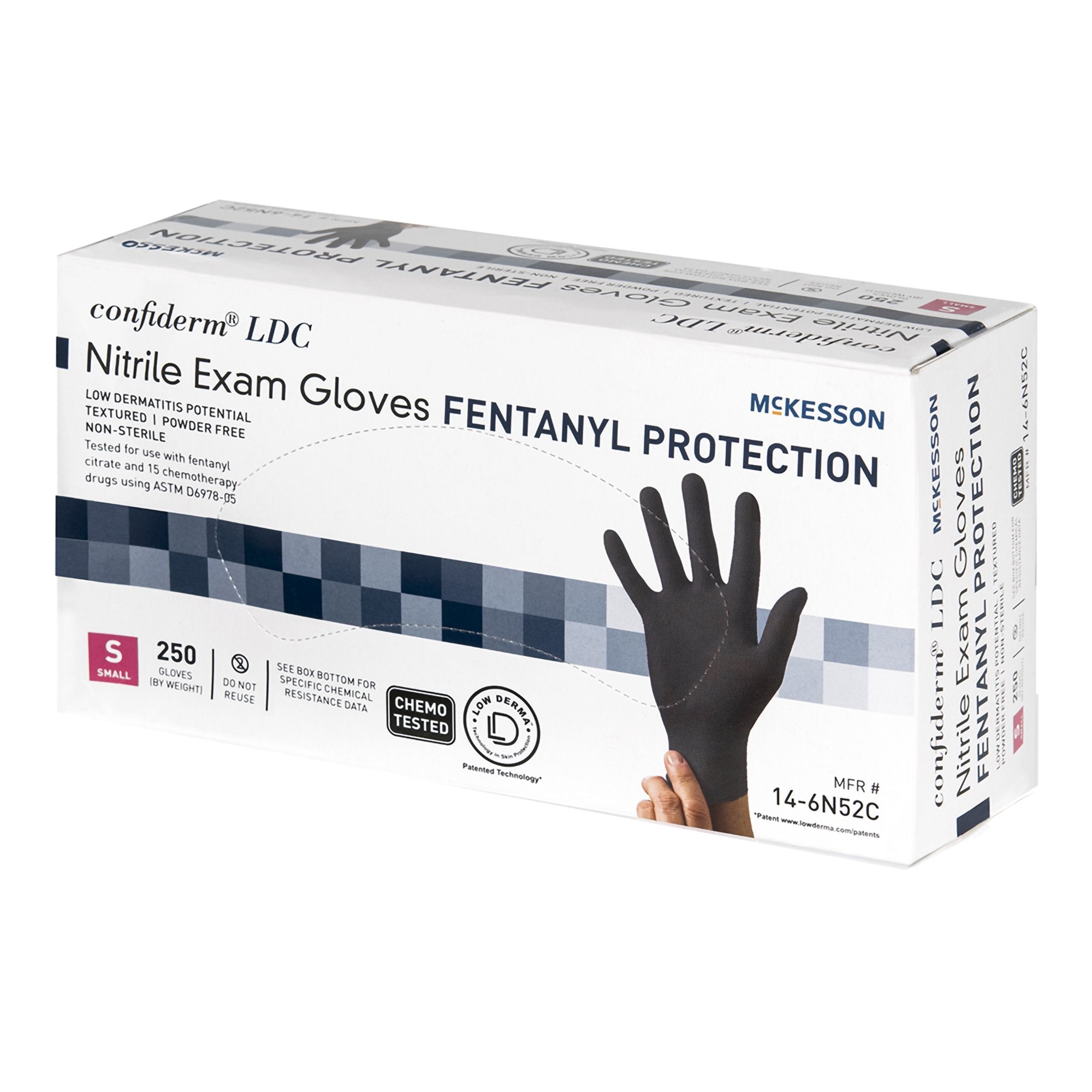 exam glove mckesson confiderm ldc small nonsterile nitrile standard cuff length fully textured black chemo tested fentanyl tested packaging type box