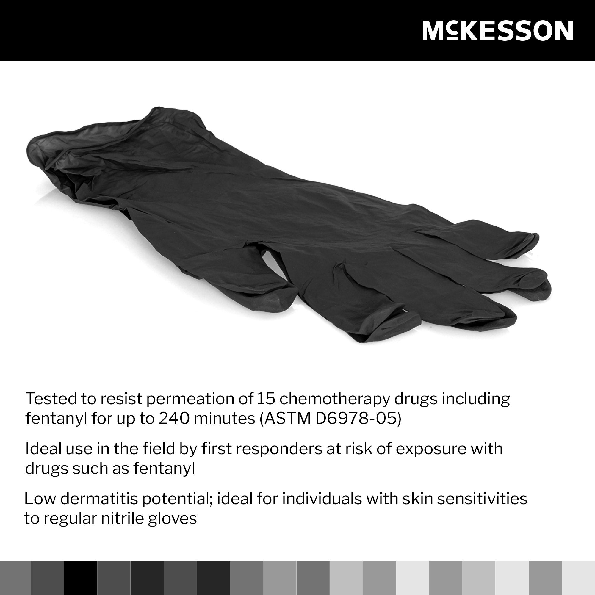 exam glove mckesson confiderm ldc small nonsterile nitrile standard cuff length fully textured black chemo tested fentanyl tested packaging type box