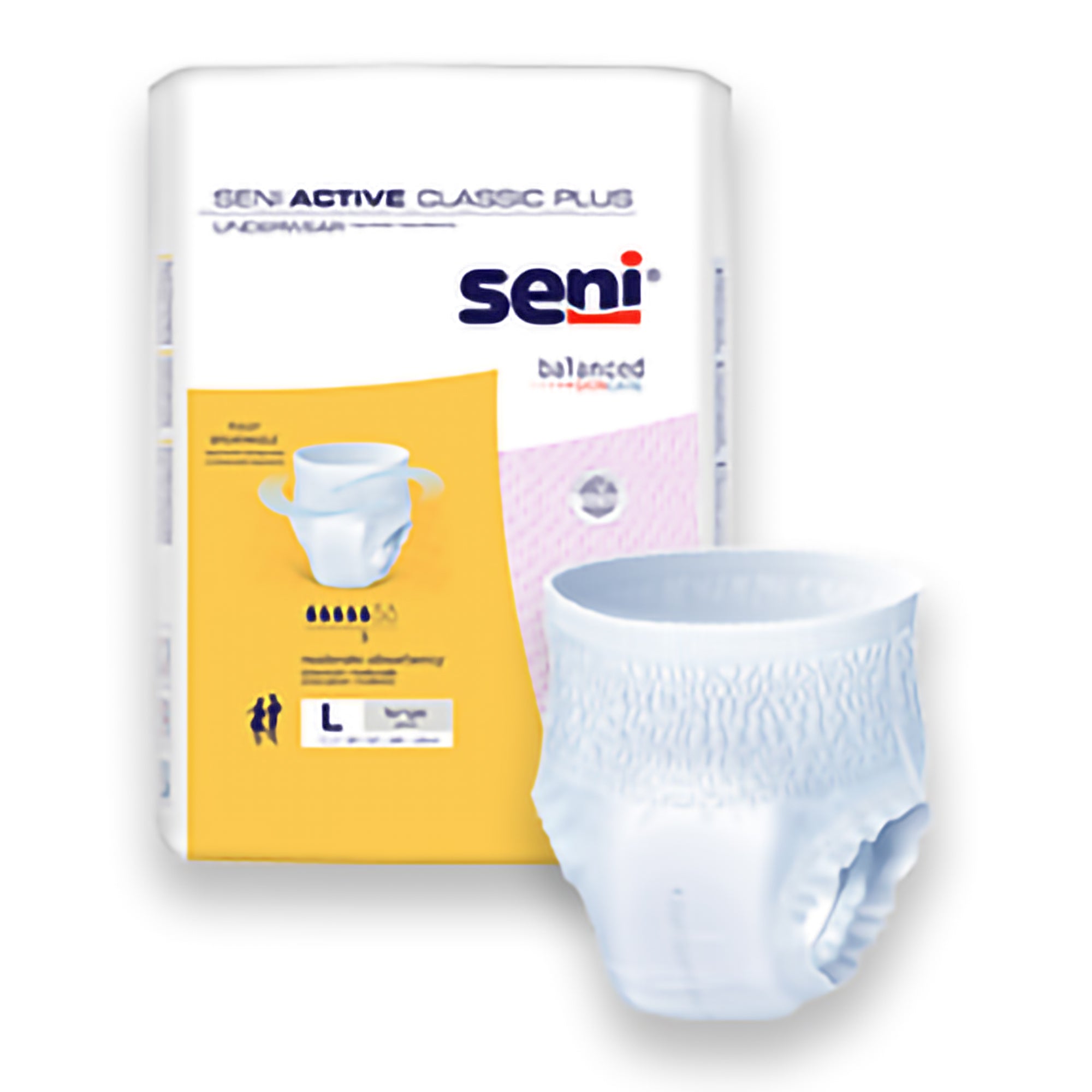Unisex Adult Absorbent Underwear Seni Active Classic Plus Pull On with Tear Away Seams Large Disposable Moderate Absorbency, Packaging Type- Case