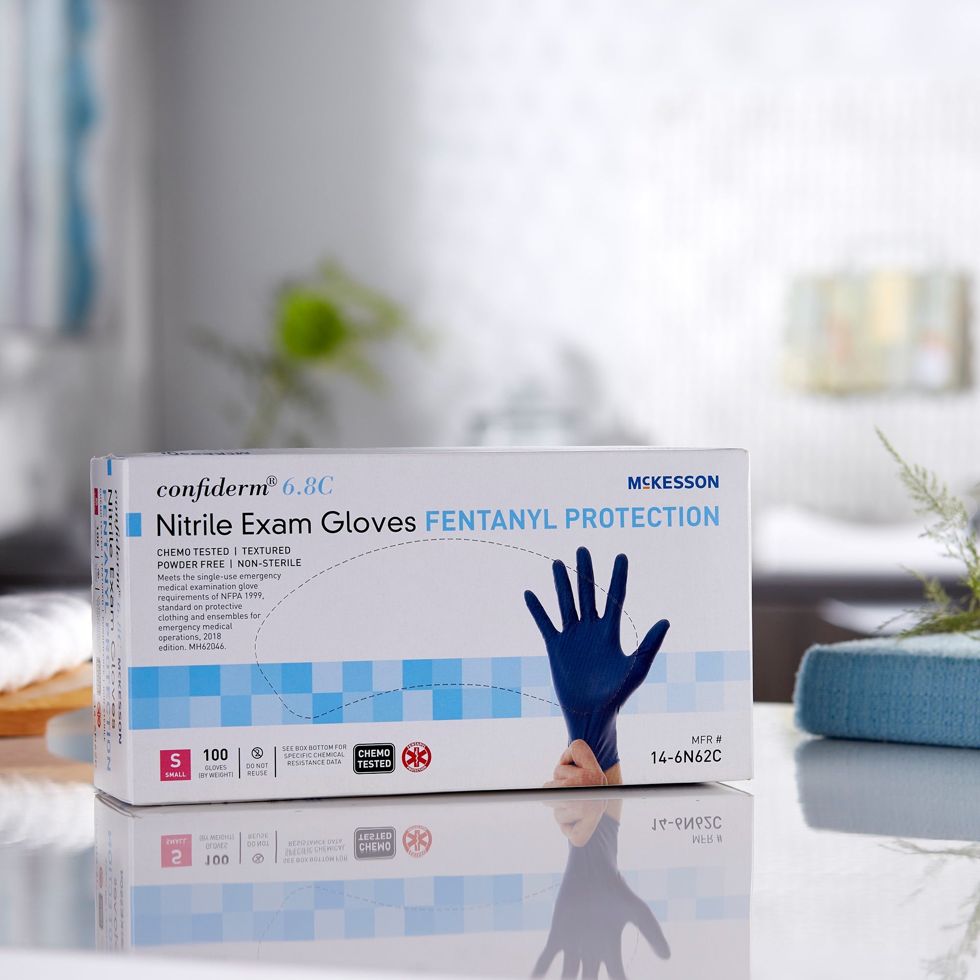 exam glove mckesson confiderm 6 8c small nonsterile nitrile standard cuff length textured fingertips blue chemo tested fentanyl tested packaging type box