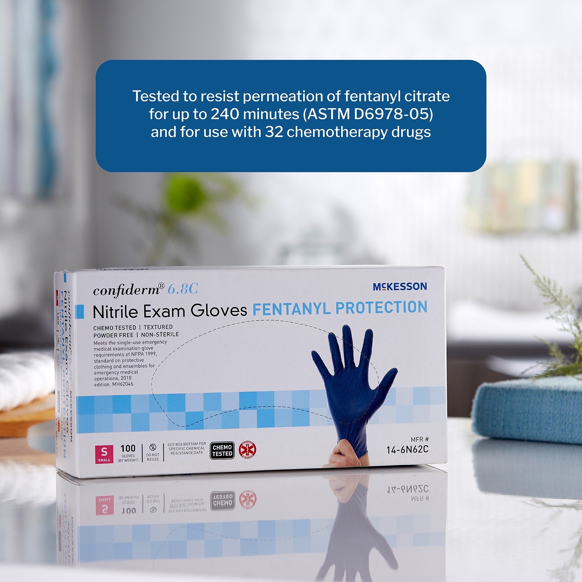 exam glove mckesson confiderm 6 8c small nonsterile nitrile standard cuff length textured fingertips blue chemo tested fentanyl tested packaging type box