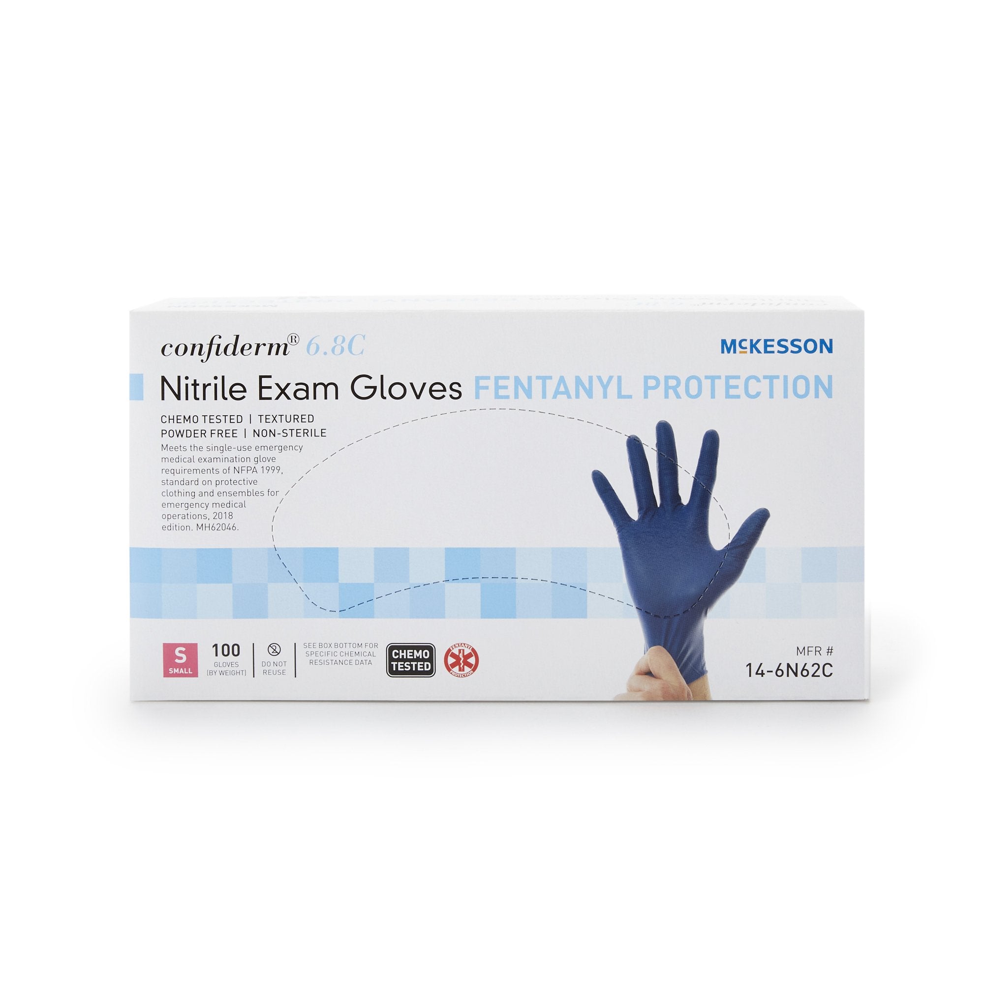 exam glove mckesson confiderm 6 8c small nonsterile nitrile standard cuff length textured fingertips blue chemo tested fentanyl tested packaging type box