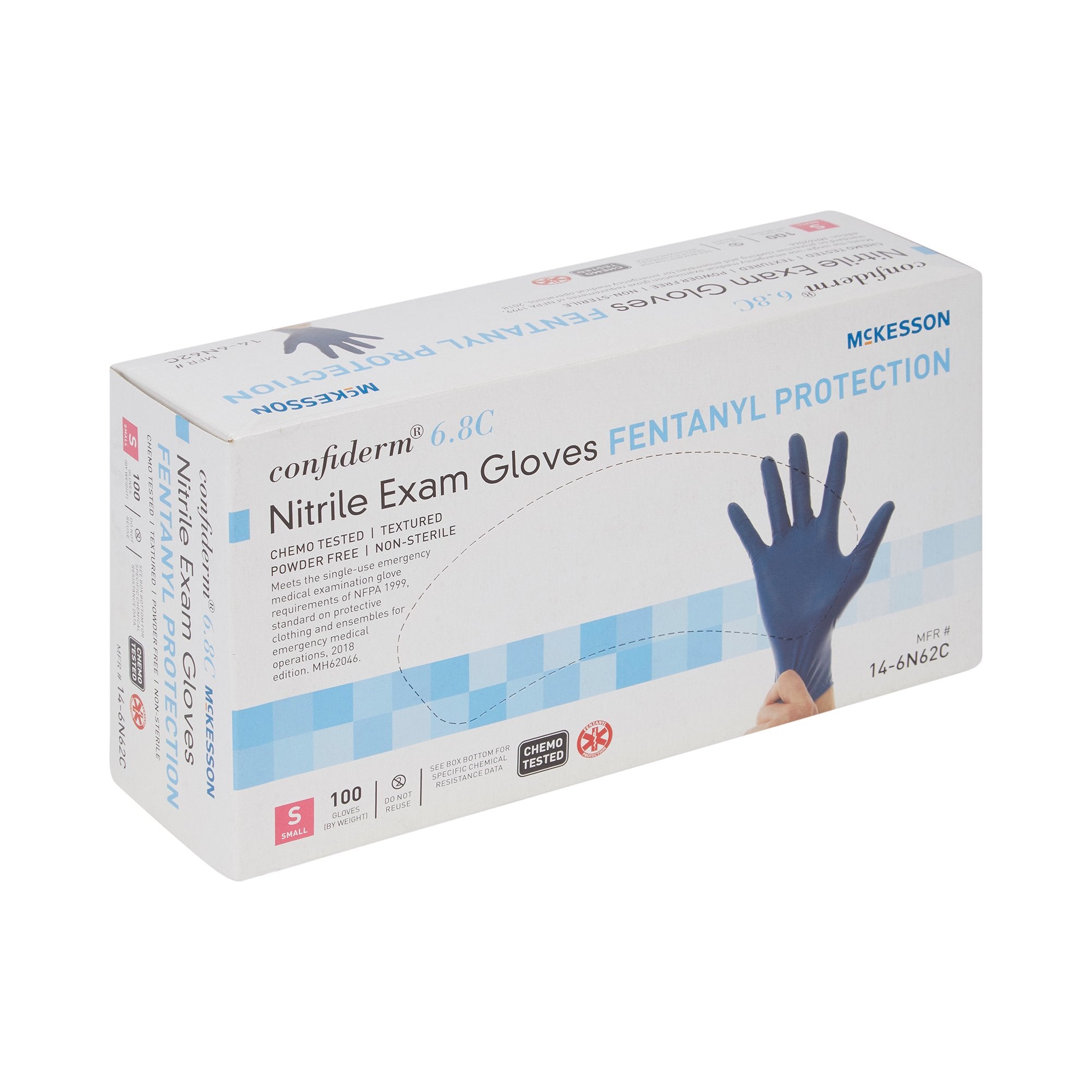 exam glove mckesson confiderm 6 8c small nonsterile nitrile standard cuff length textured fingertips blue chemo tested fentanyl tested packaging type box