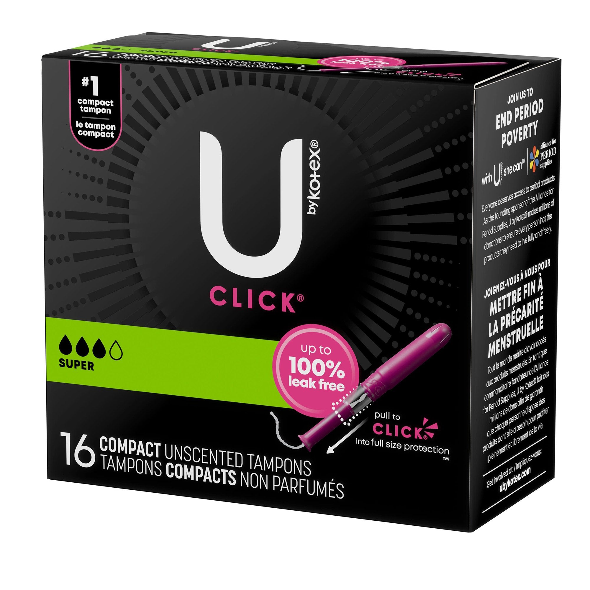 Tampón U de Kotex Click Super Absorbency con aplicador de plástico, envuelto individualmente, tipo de embalaje: estuche